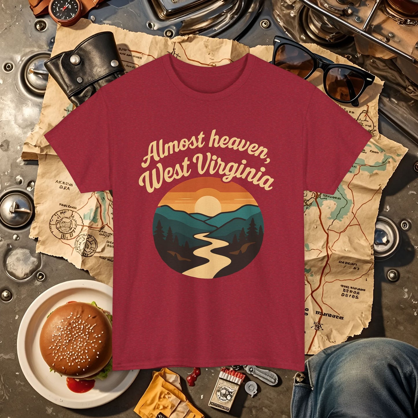 Almost Heaven, West Virginia T-Shirt – Vintage Appalachian Sunset with Winding River Road Trip & Vehicle Travel T-Shirts | Car, RV, and Motorcycle Adventure Tees