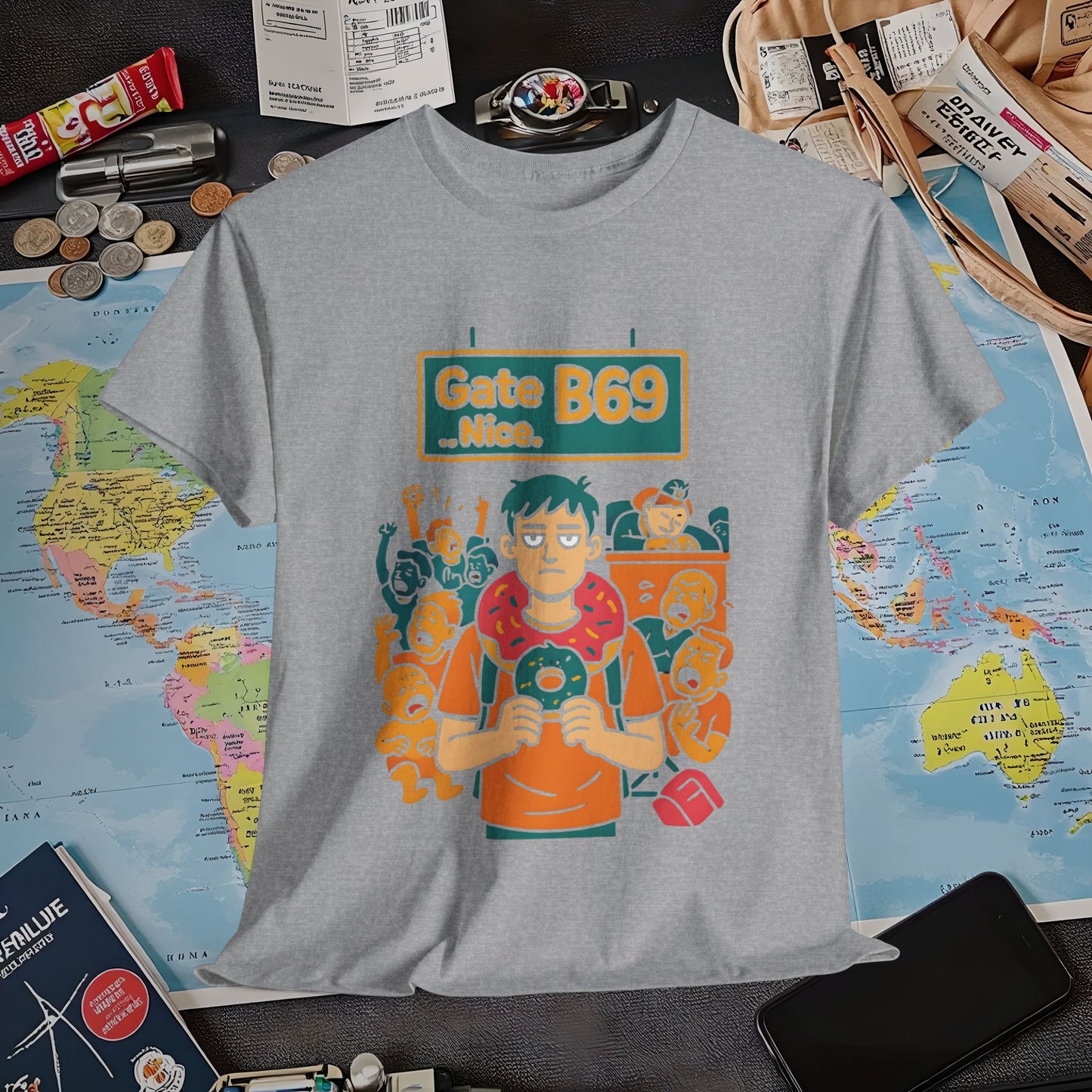 Gate B69 Deadpan Traveler T-Shirt — Chill at Chaotic Airport Terminal Layover Tee Air Travel T-Shirts | Jetsetter, Airport, and International Flight Tees