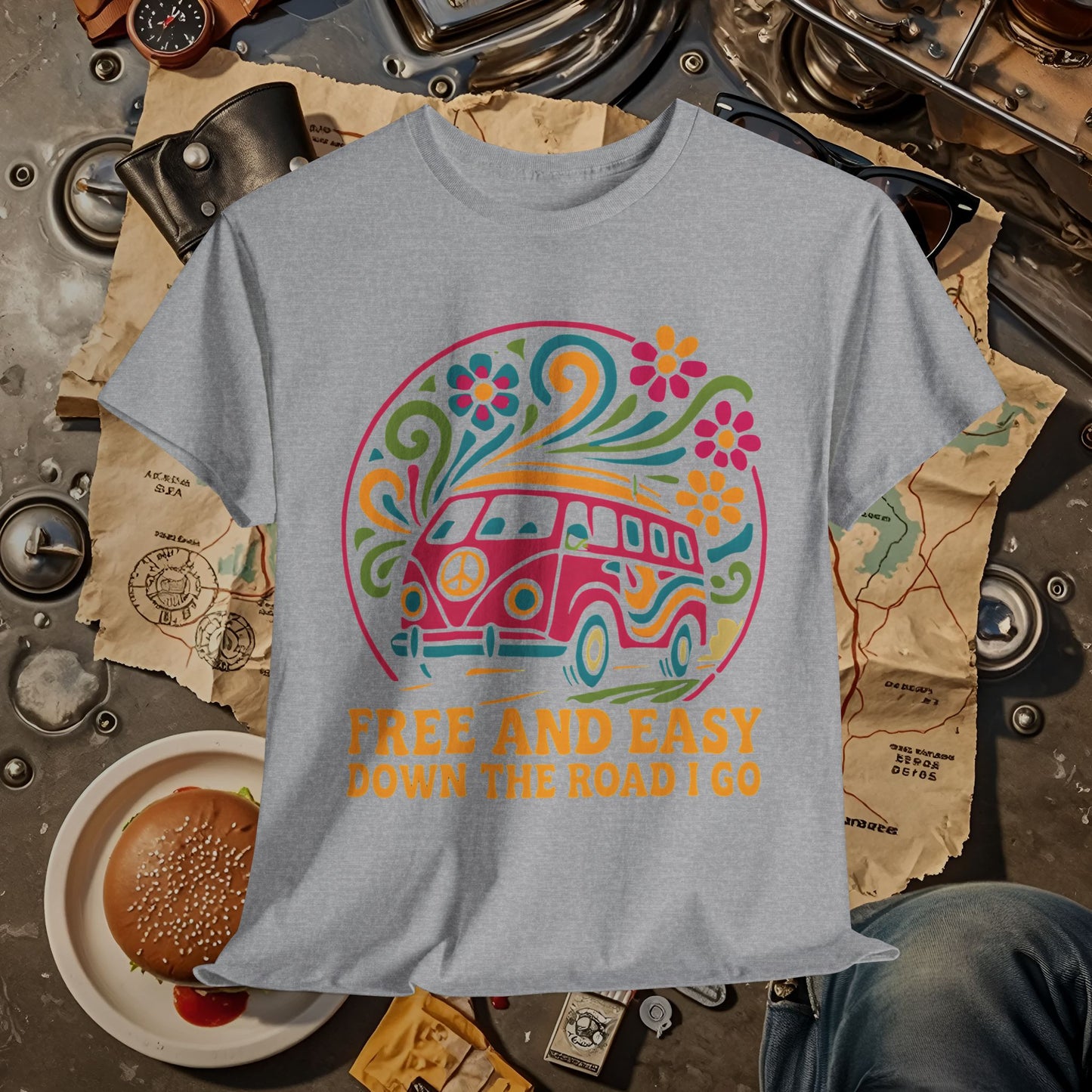 Free and Easy T-Shirt – Retro Hippie Van with Floral Freedom Vibes