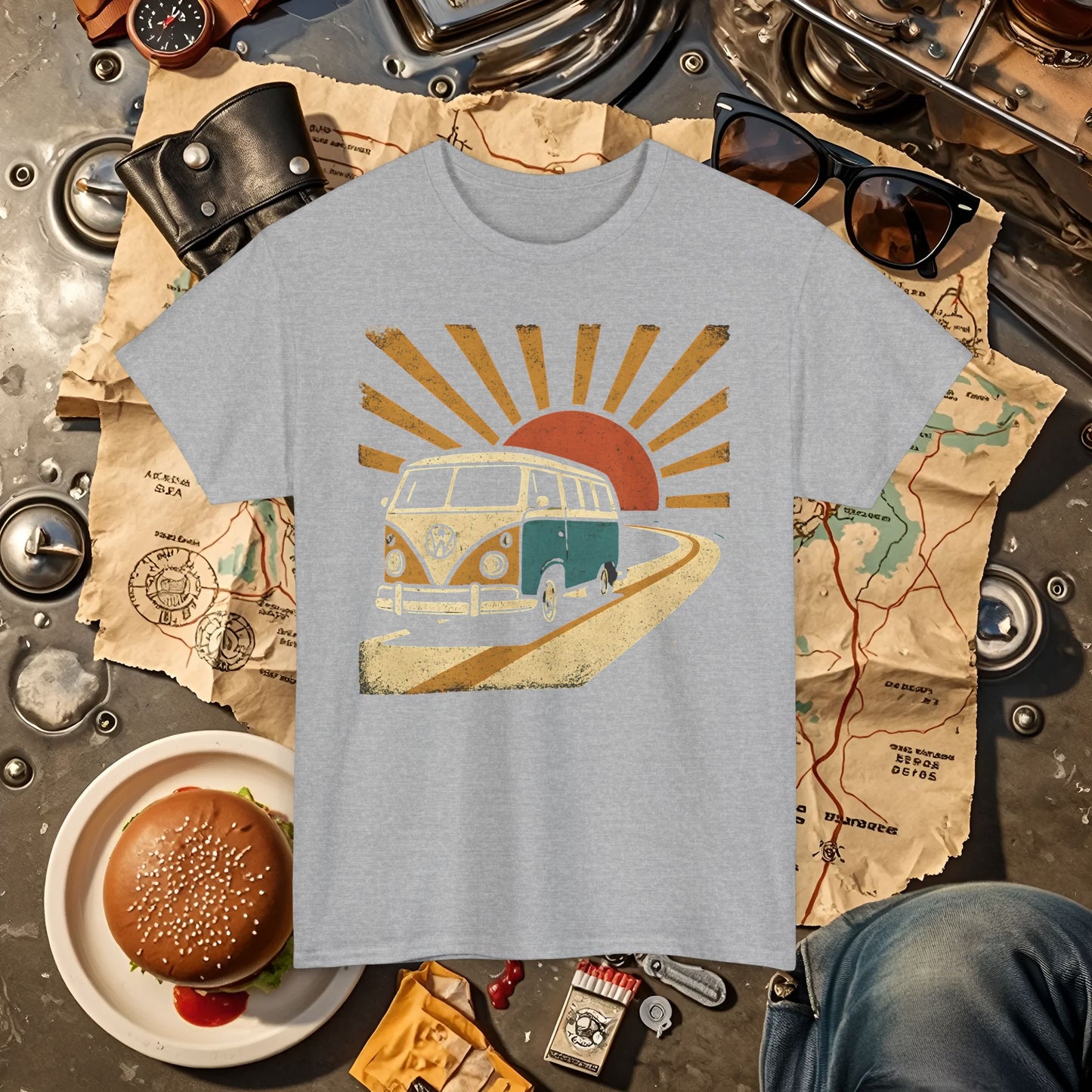 Sunset Road Trip T-Shirt – Vintage VW Van Adventure Design