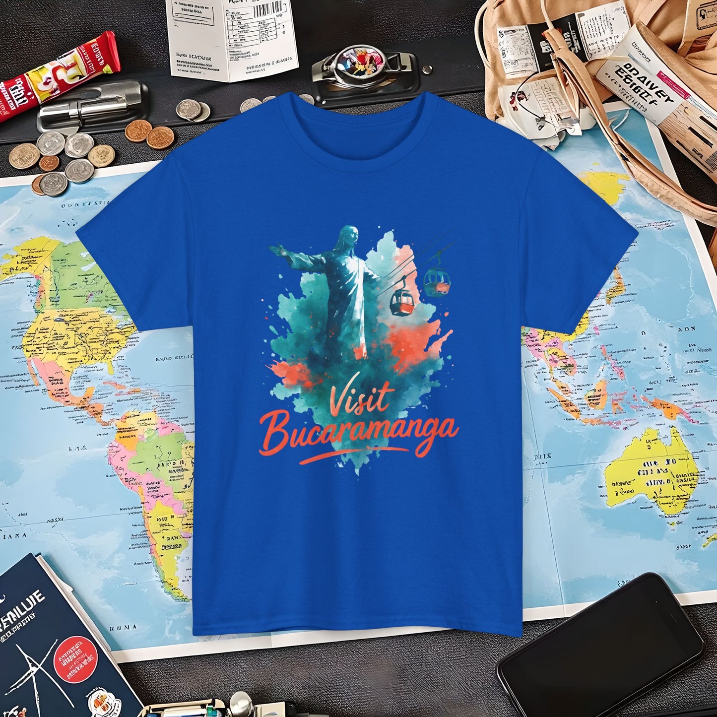 Cerro del Santísimo & Cable Car – Vibrant Watercolor Colombia Travel Tee | Layover Club Air Travel T-Shirts | Jetsetter, Airport, and International Flight Tees