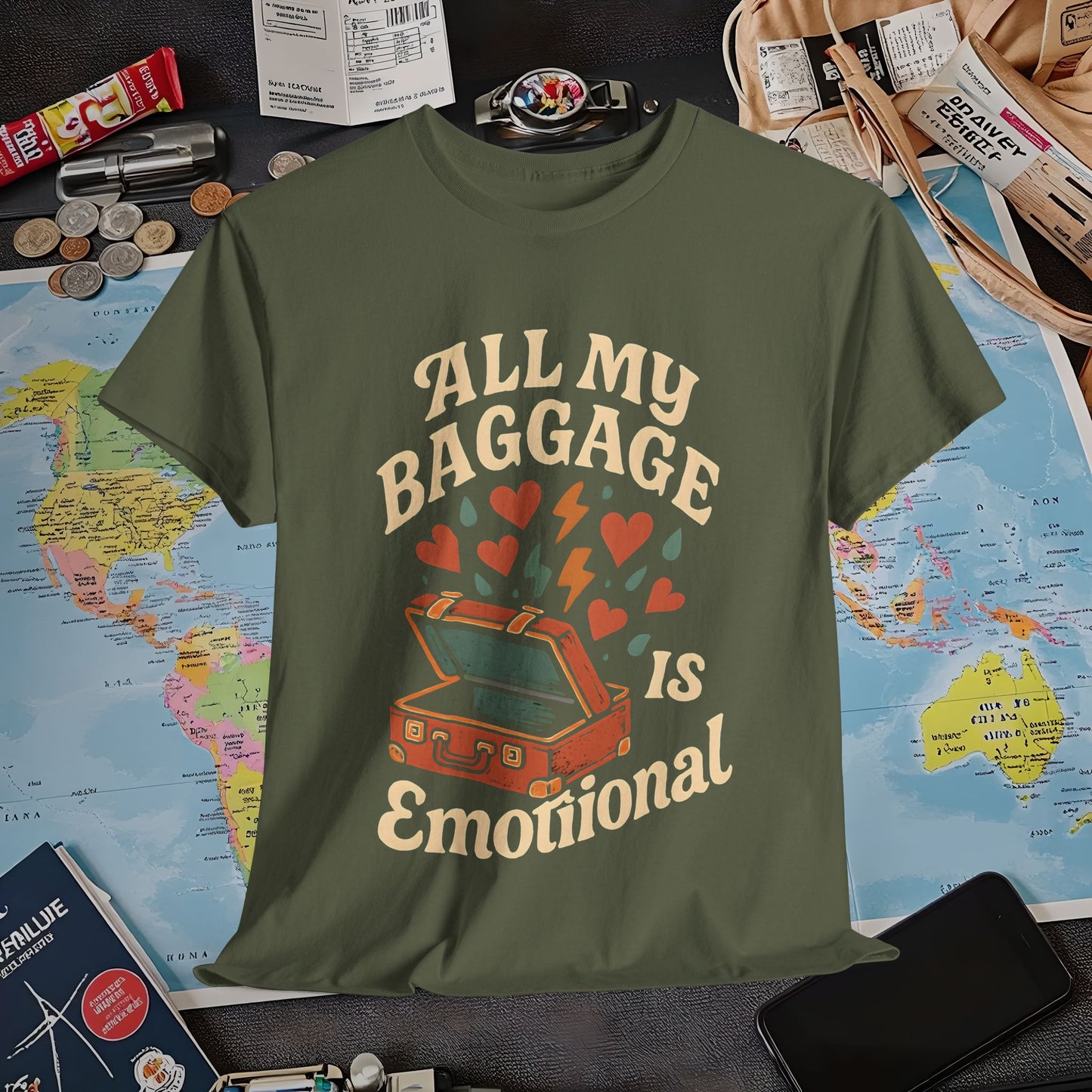 All My Baggage Is Emotional – Retro Suitcase Overflowing with Feelings Tee Air Travel T-Shirts | Jetsetter, Airport, and International Flight Tees