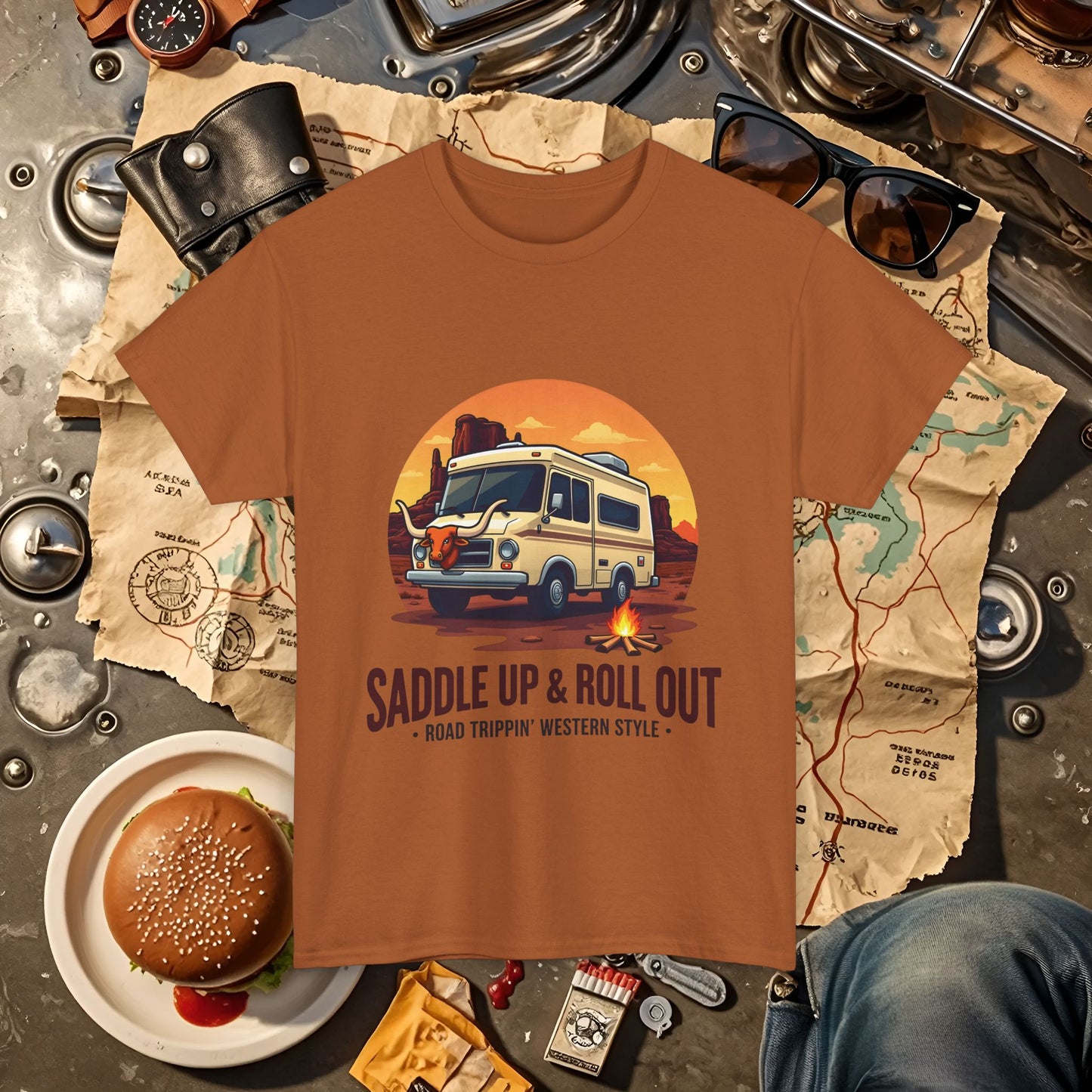 Saddle Up and Roll out Road Trip & Vehicle Travel T-Shirts | Car, RV, and Motorcycle Adventure Tees