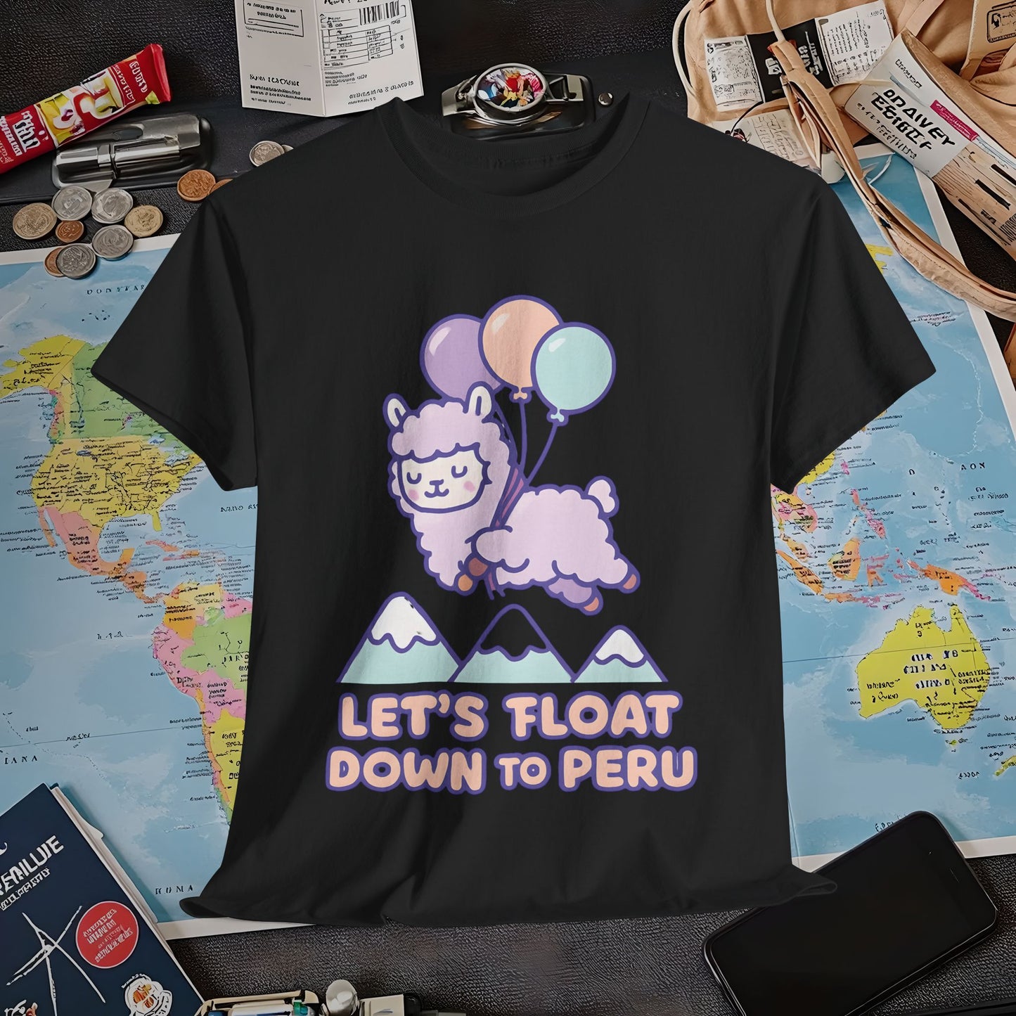 Let’s Float Down to Peru T-Shirt – Kawaii Alpaca Over Snowy Mountain Peaks Air Travel T-Shirts | Jetsetter, Airport, and International Flight Tees