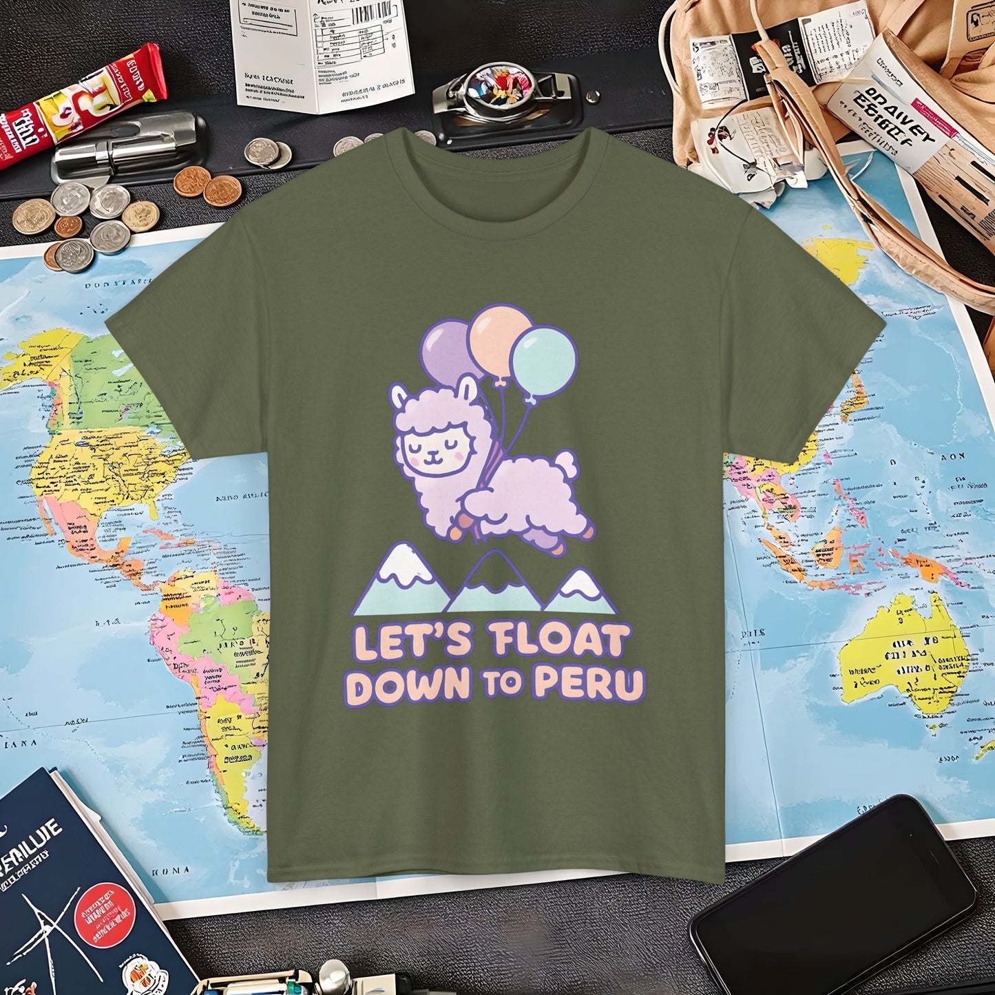 Let’s Float Down to Peru T-Shirt – Kawaii Alpaca Over Snowy Mountain Peaks Air Travel T-Shirts | Jetsetter, Airport, and International Flight Tees