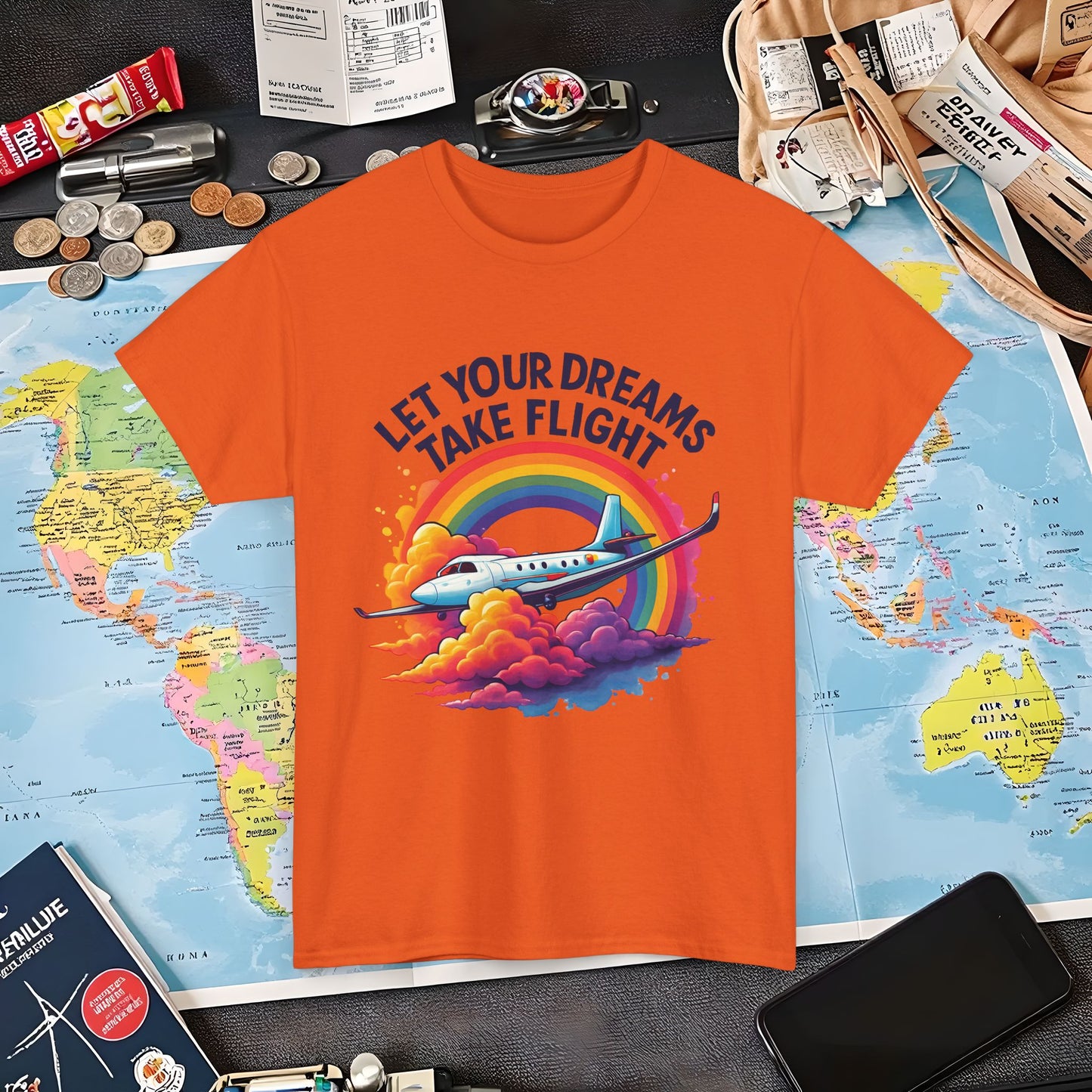Let Your Dreams Take Flight T-Shirt – Airplane with Rainbow Trail Design Air Travel T-Shirts | Jetsetter, Airport, and International Flight Tees