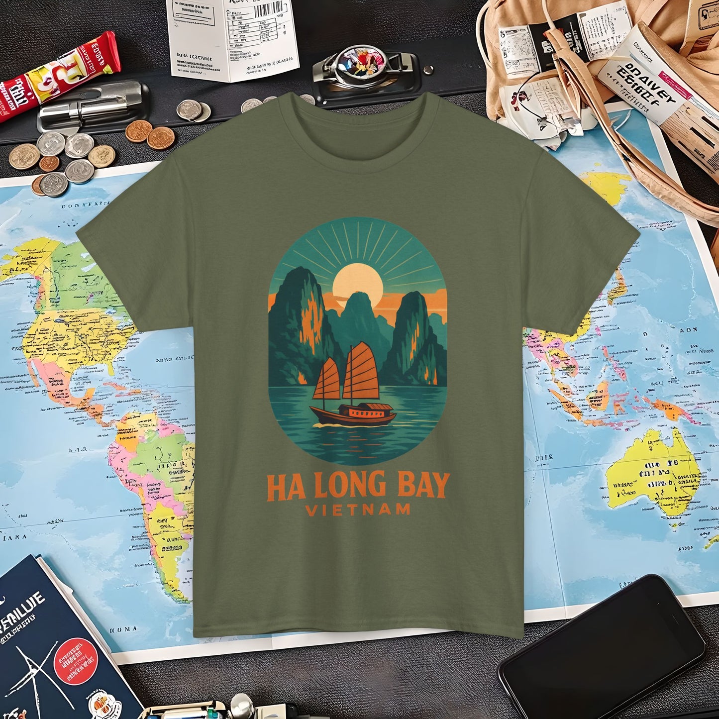 Ha Long Bay Vietnam T-Shirt – Art Deco Junk Boat Travel Shirt for Southeast Asia Lovers Air Travel T-Shirts | Jetsetter, Airport, and International Flight Tees