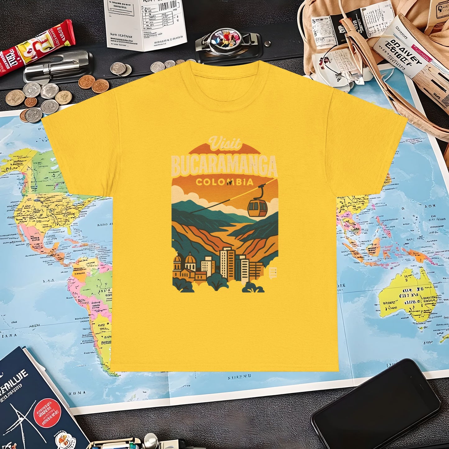 Retro Bucaramanga Skyline with Chicamocha Canyon – Vintage Colombia Travel Tee | Layover Club Air Travel T-Shirts | Jetsetter, Airport, and International Flight Tees