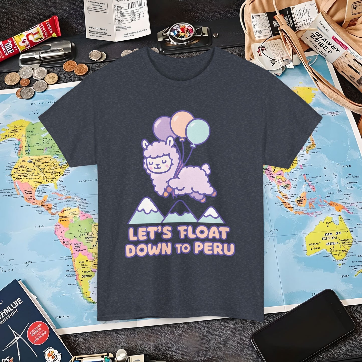 Let’s Float Down to Peru T-Shirt – Kawaii Alpaca Over Snowy Mountain Peaks Air Travel T-Shirts | Jetsetter, Airport, and International Flight Tees