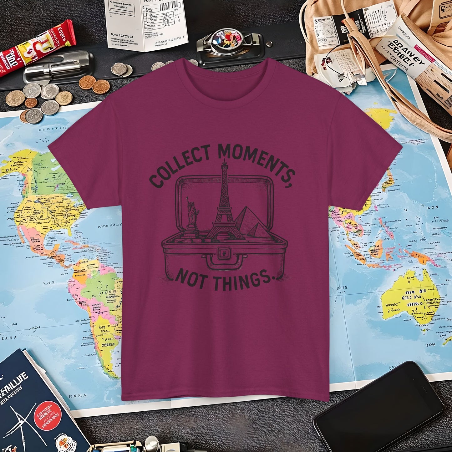 Collect Moments, Not Things T-Shirt – Inspirational Travel Quote Design Air Travel T-Shirts | Jetsetter, Airport, and International Flight Tees