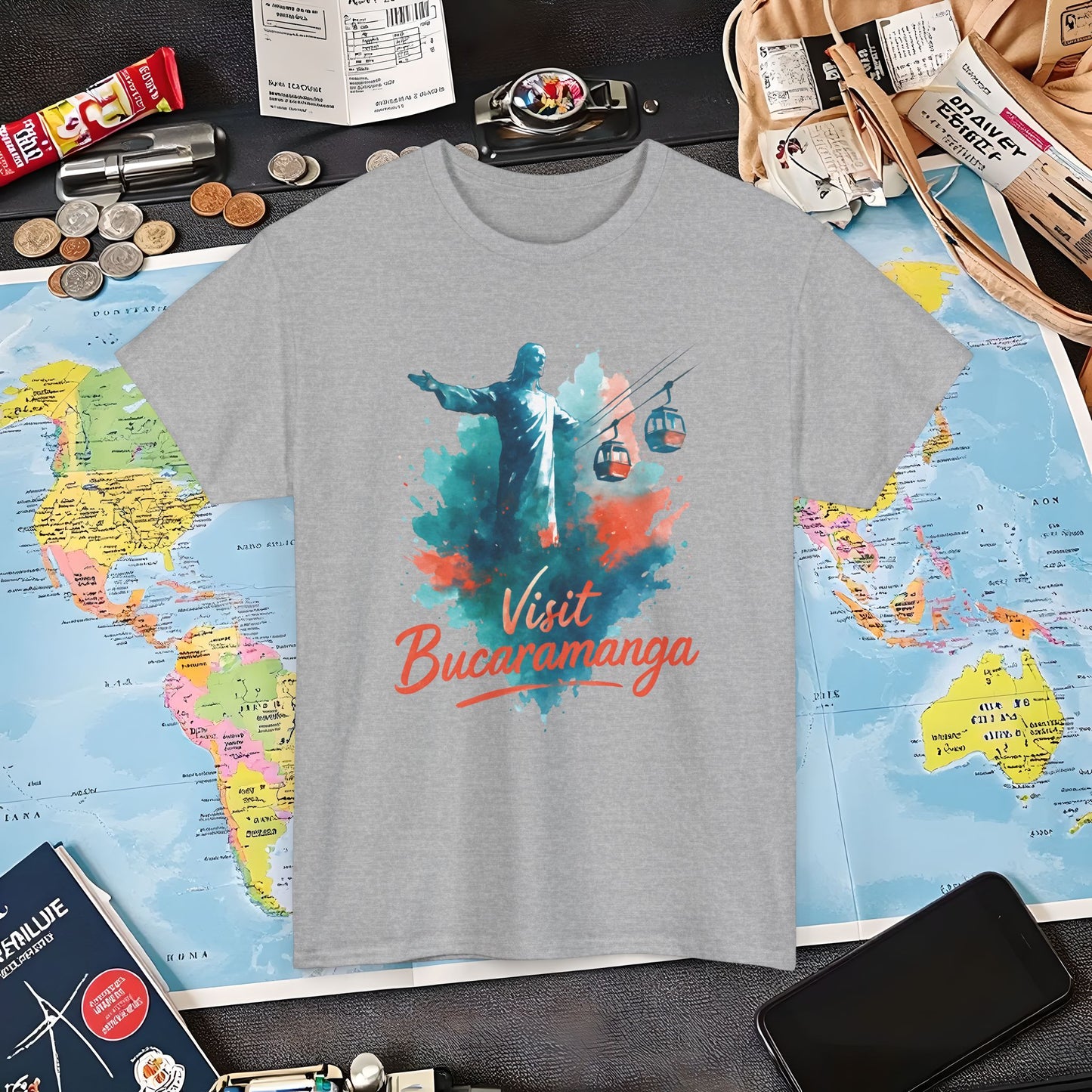 Cerro del Santísimo & Cable Car – Vibrant Watercolor Colombia Travel Tee | Layover Club Air Travel T-Shirts | Jetsetter, Airport, and International Flight Tees