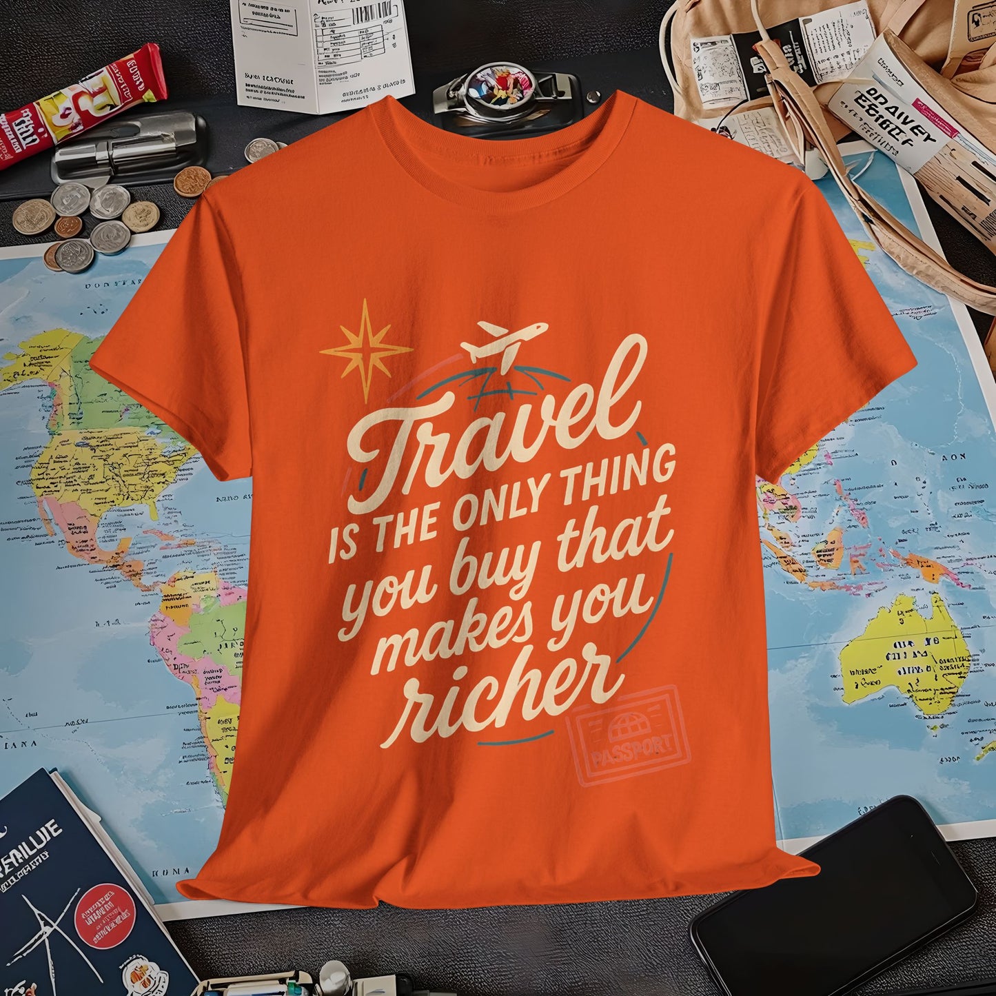 Travel Makes You Richer Tee – Vintage Globe & Airplane Quote Shirt Air Travel T-Shirts | Jetsetter, Airport, and International Flight Tees