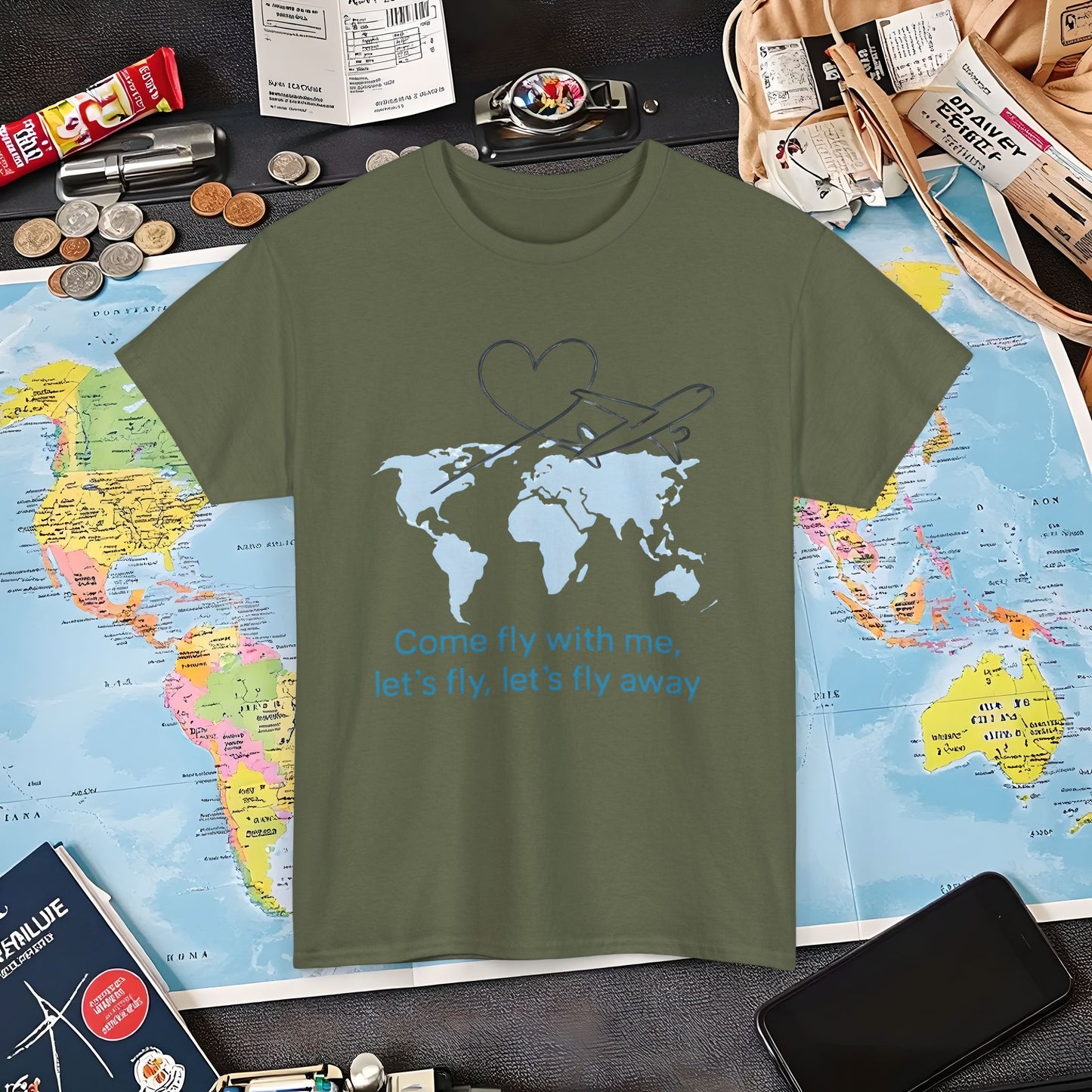 Come Fly With Me T-Shirt – Heart-Loop Airplane Over World Map Design Air Travel T-Shirts | Jetsetter, Airport, and International Flight Tees
