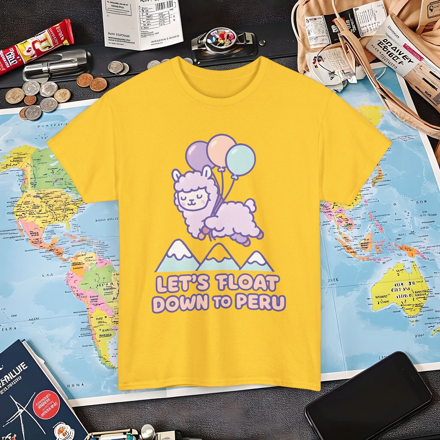 Let’s Float Down to Peru T-Shirt – Kawaii Alpaca Over Snowy Mountain Peaks Air Travel T-Shirts | Jetsetter, Airport, and International Flight Tees