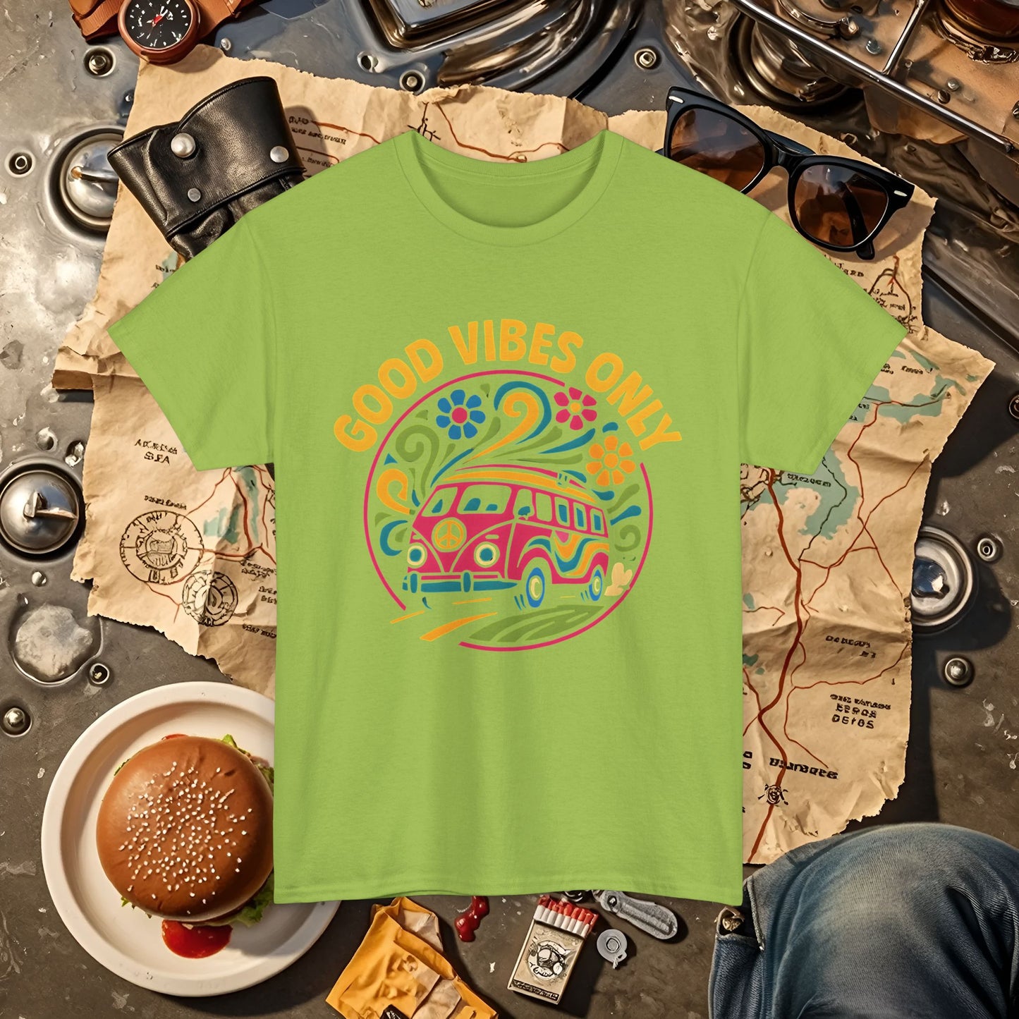 Good Vibes Only T-Shirt – Retro Hippie Van with 70s-Inspired Positivity Road Trip & Vehicle Travel T-Shirts | Car, RV, and Motorcycle Adventure Tees