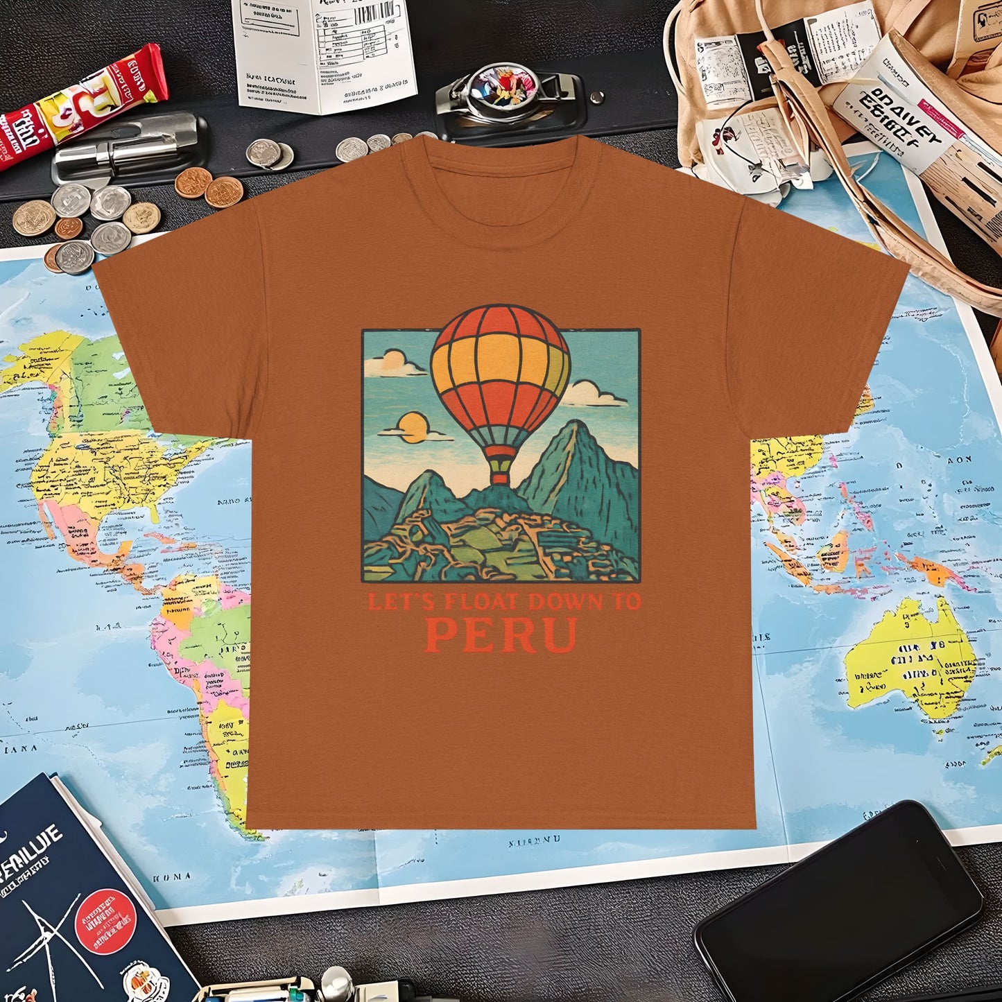 Let’s Float Down to Peru T-Shirt – Vintage Hot-Air Balloon Over Machu Picchu Design Air Travel T-Shirts | Jetsetter, Airport, and International Flight Tees