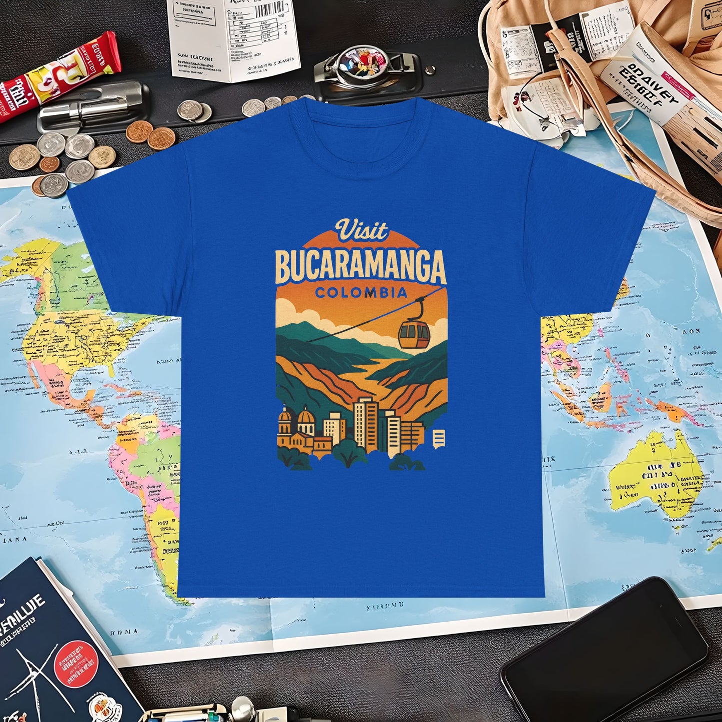 Retro Bucaramanga Skyline with Chicamocha Canyon – Vintage Colombia Travel Tee | Layover Club Air Travel T-Shirts | Jetsetter, Airport, and International Flight Tees
