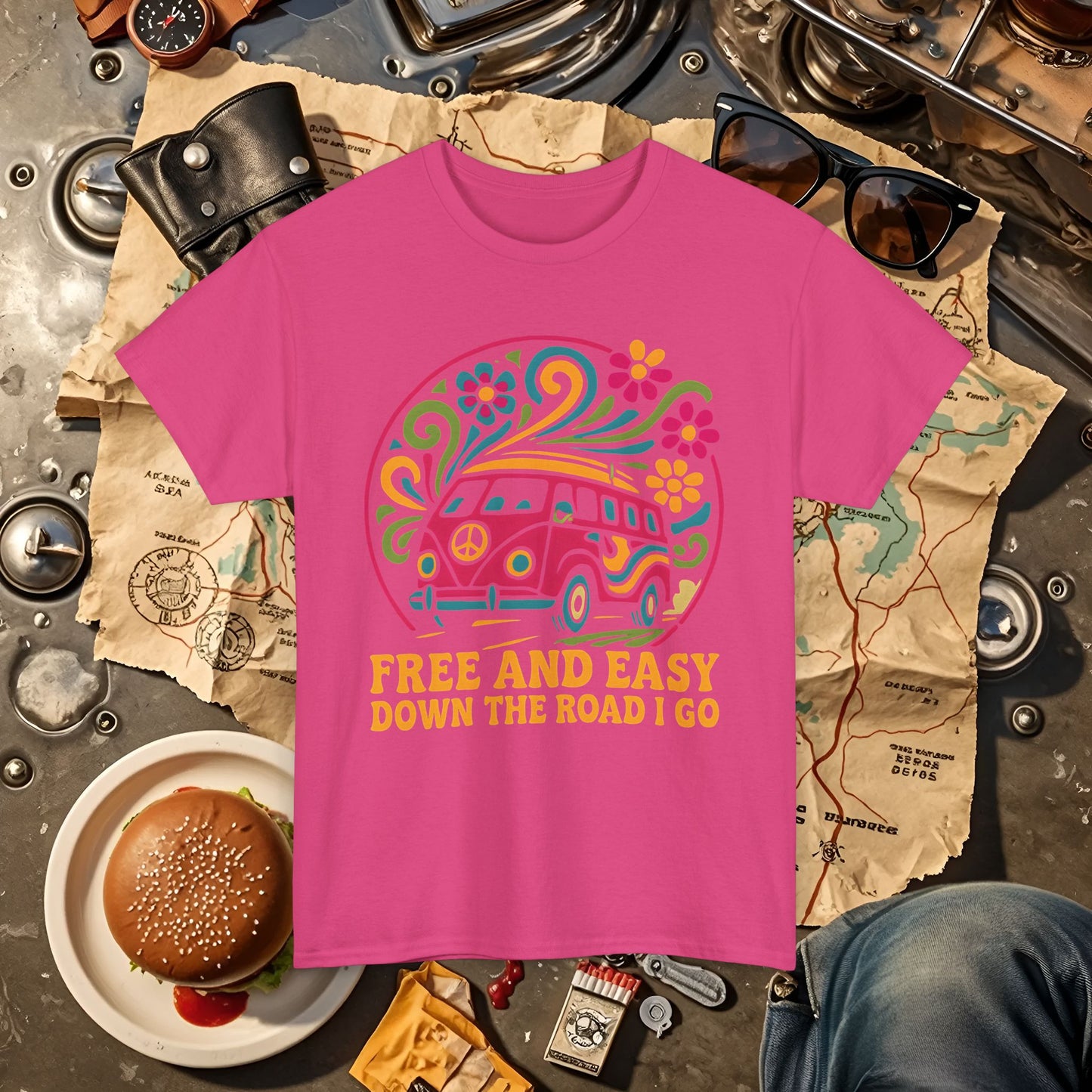 Free and Easy T-Shirt – Retro Hippie Van with Floral Freedom Vibes