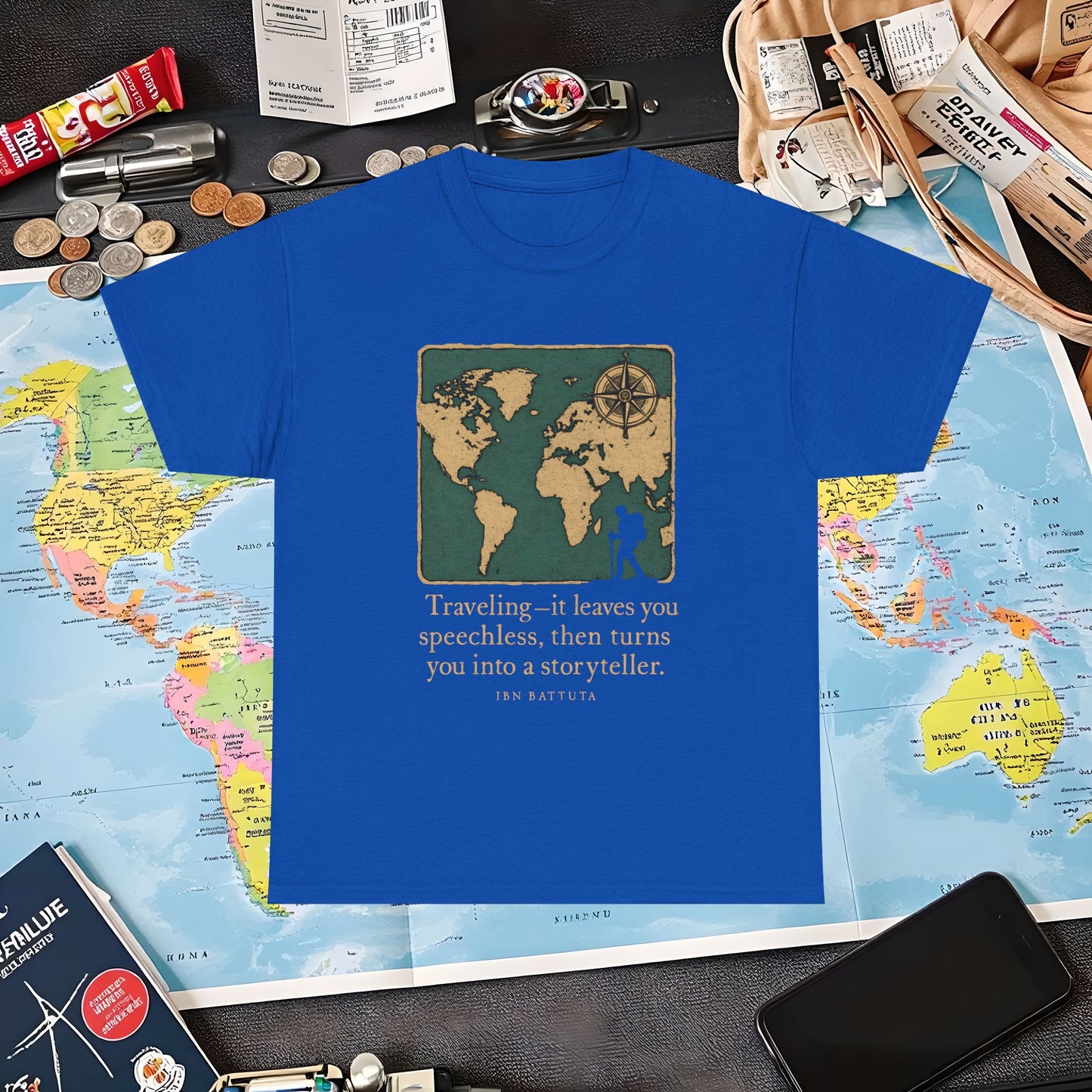 Speechless to Storyteller – Vintage Map Wanderlust Quote Tee Air Travel T-Shirts | Jetsetter, Airport, and International Flight Tees