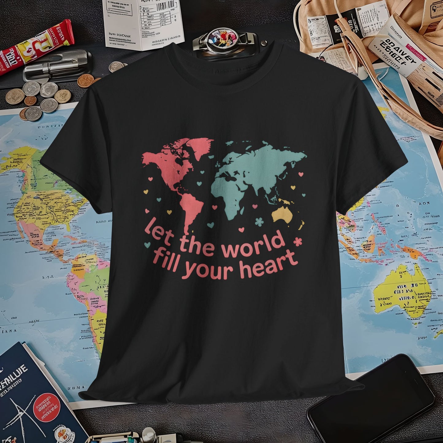 Let the World Fill Your Heart T-Shirt – World Map Adventure Design Air Travel T-Shirts | Jetsetter, Airport, and International Flight Tees