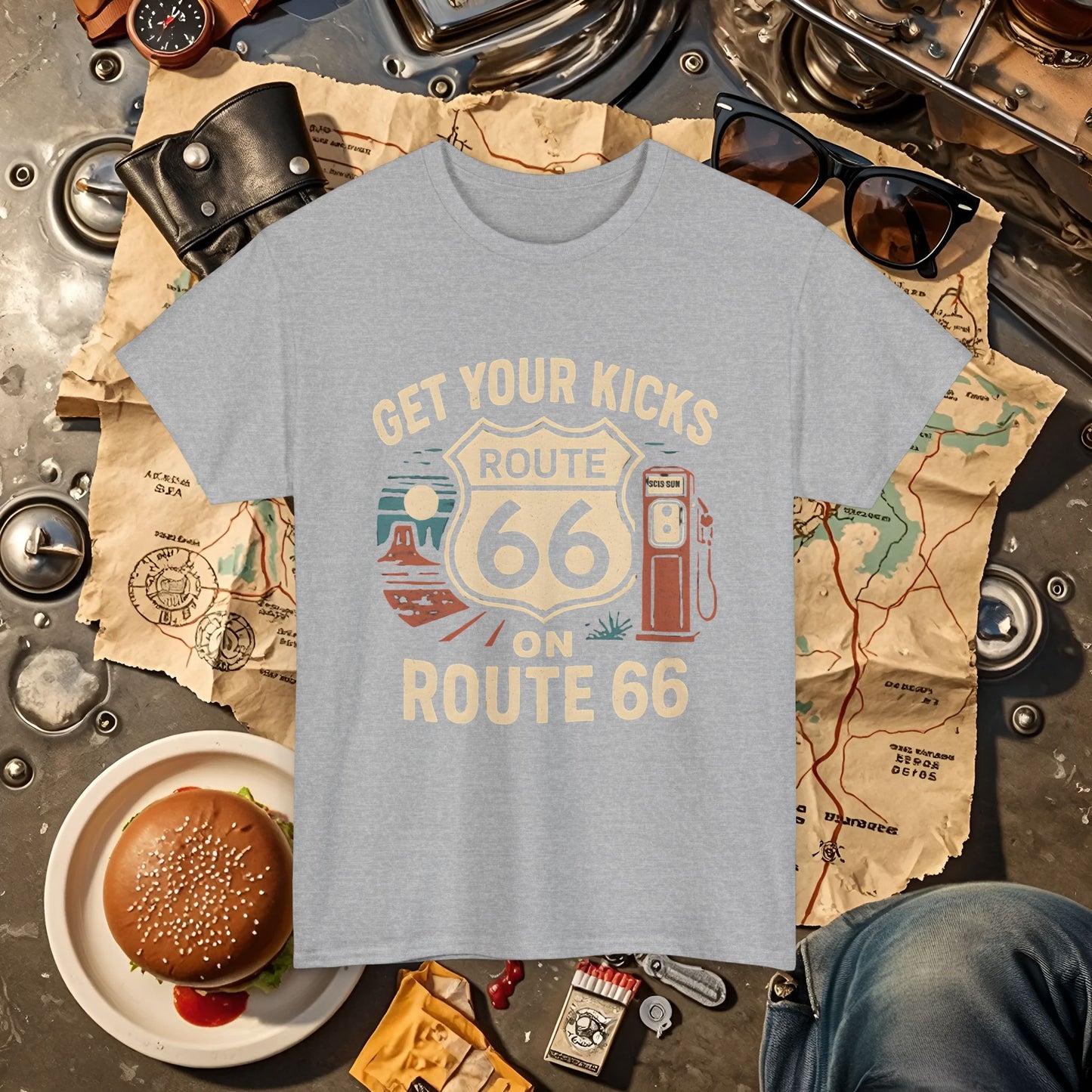 Get Your Kicks on Route 66 T-Shirt – Vintage Desert Scene with Classic Gas Pump & Roadside Vibes Road Trip & Vehicle Travel T-Shirts | Car, RV, and Motorcycle Adventure Tees