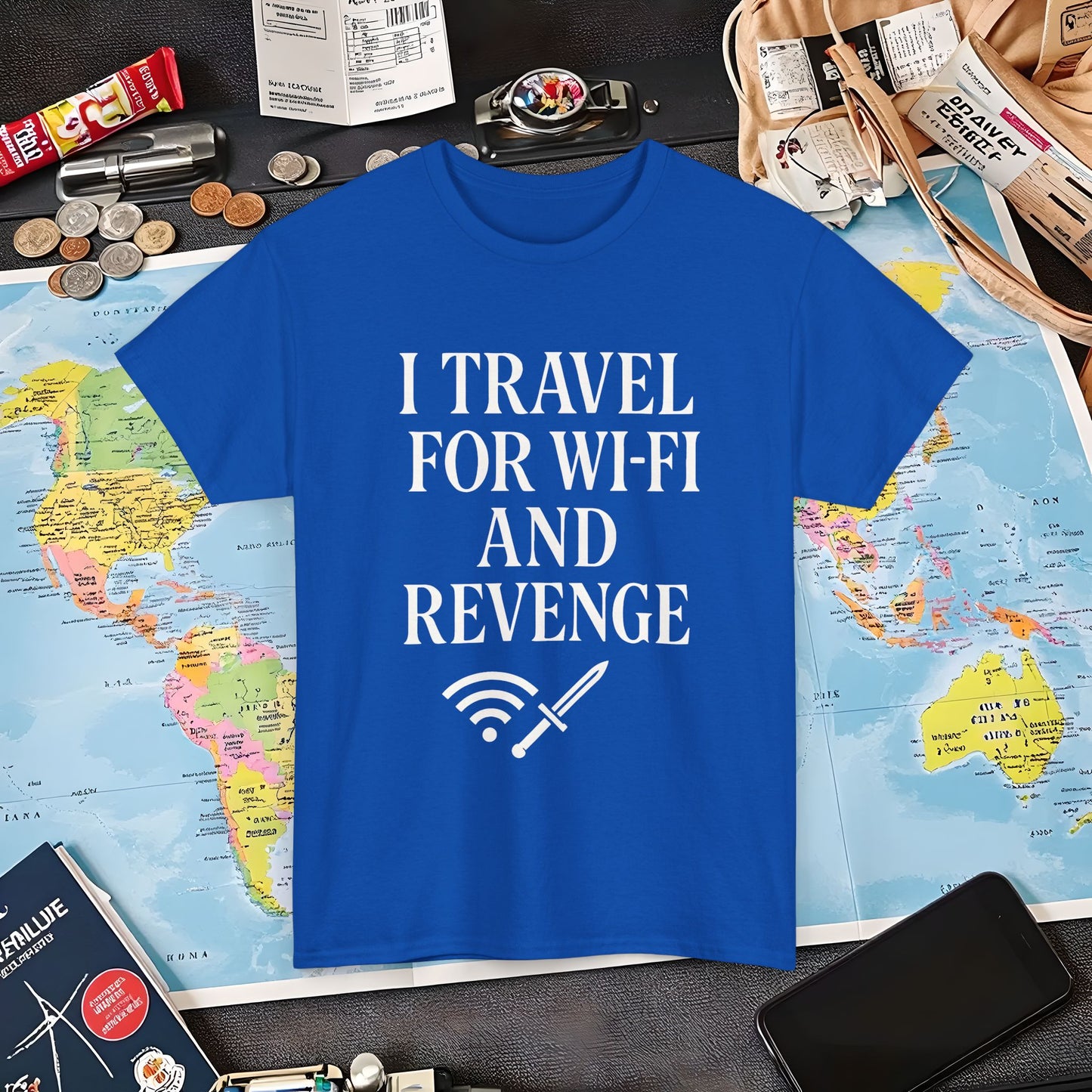 I Travel for WiFi and Revenge – Bold Quote Tee with Dagger Icon Air Travel T-Shirts | Jetsetter, Airport, and International Flight Tees