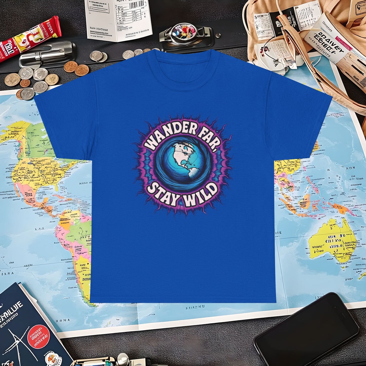 Wander Far, Stay Wild T-Shirt – Globe Burst Adventure Design Air Travel T-Shirts | Jetsetter, Airport, and International Flight Tees