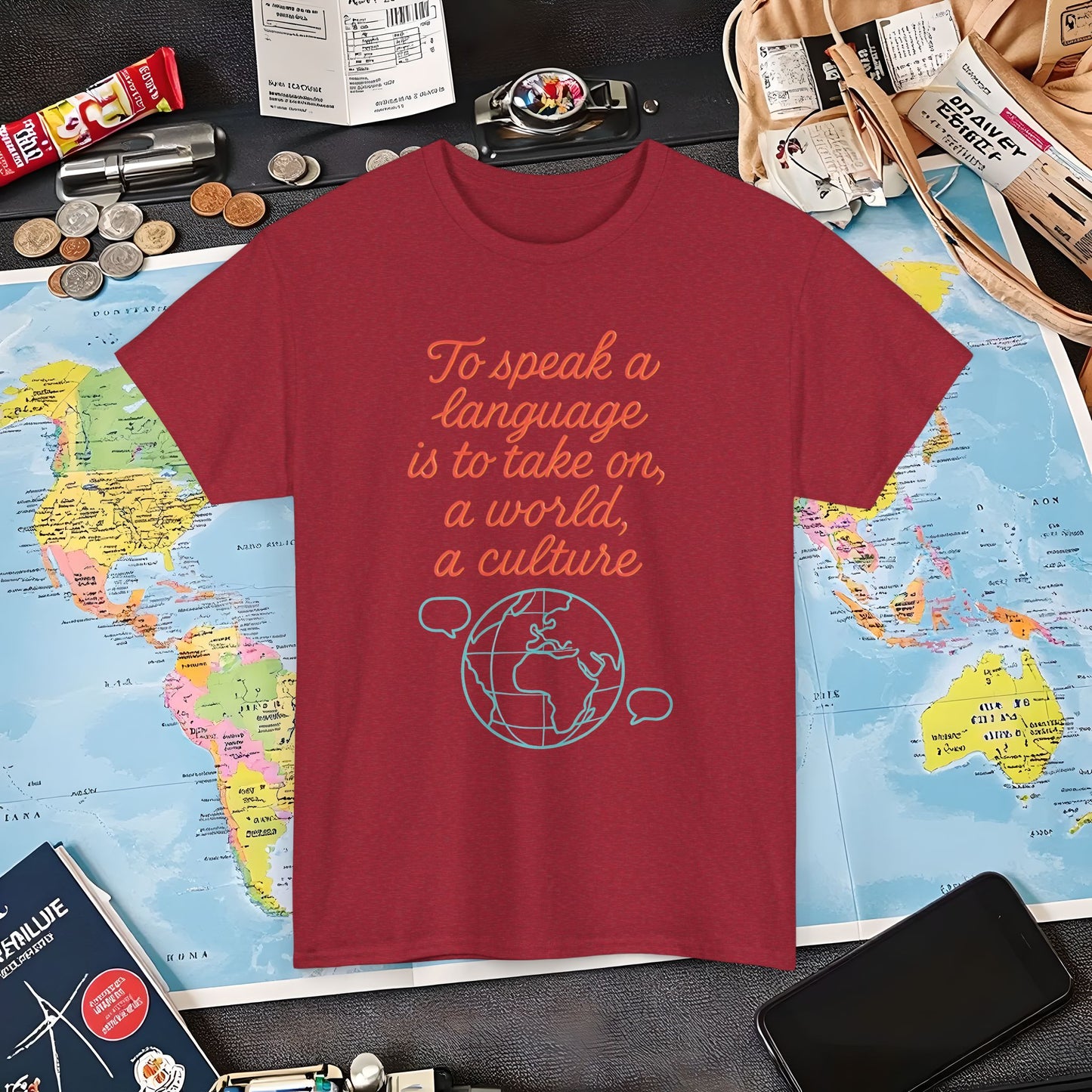 To Speak a Language Is to Take on a World – Cultural Connection Tee with Globe & Speech Bubbles | Layover Club Air Travel T-Shirts | Jetsetter, Airport, and International Flight Tees