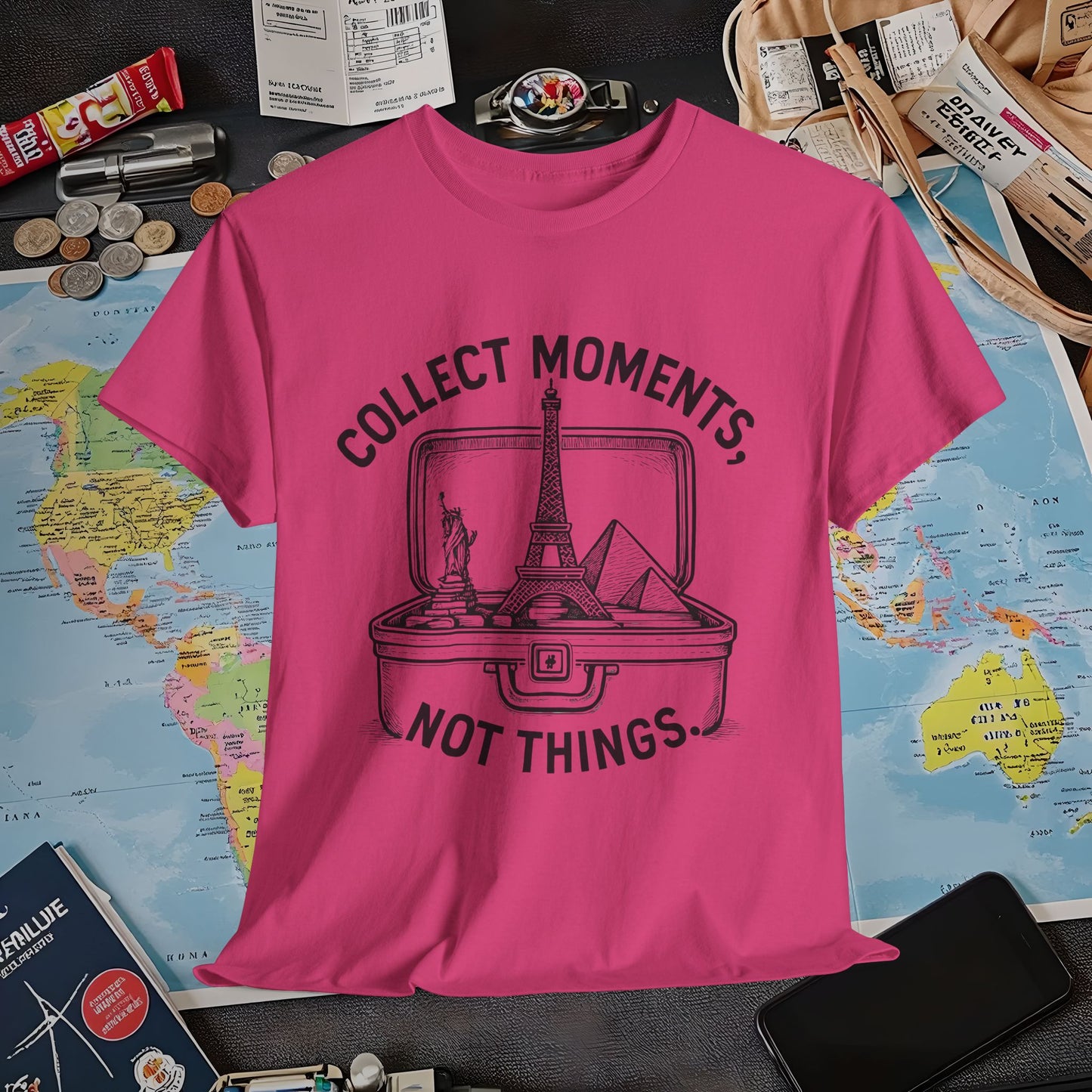 Collect Moments, Not Things T-Shirt – Inspirational Travel Quote Design Air Travel T-Shirts | Jetsetter, Airport, and International Flight Tees
