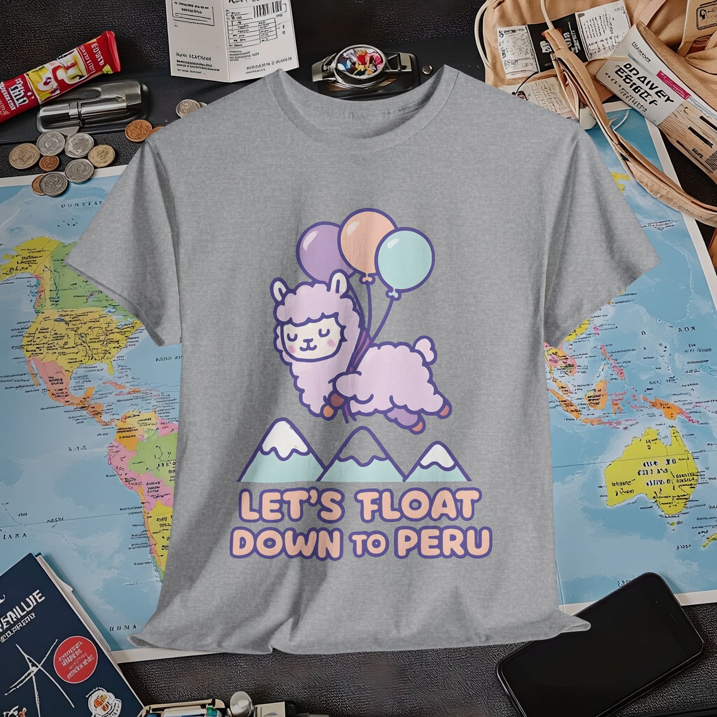 Let’s Float Down to Peru T-Shirt – Kawaii Alpaca Over Snowy Mountain Peaks Air Travel T-Shirts | Jetsetter, Airport, and International Flight Tees