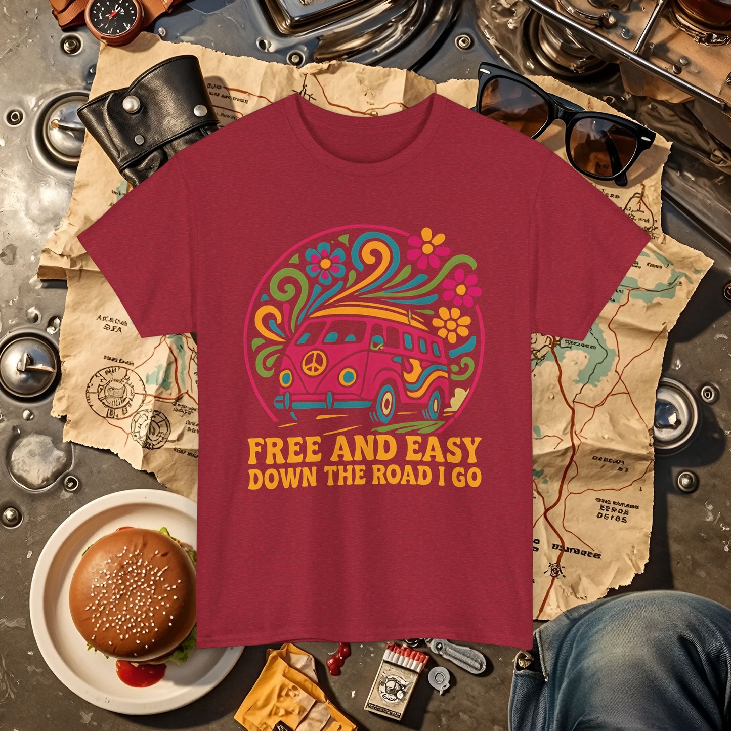 Free and Easy T-Shirt – Retro Hippie Van with Floral Freedom Vibes