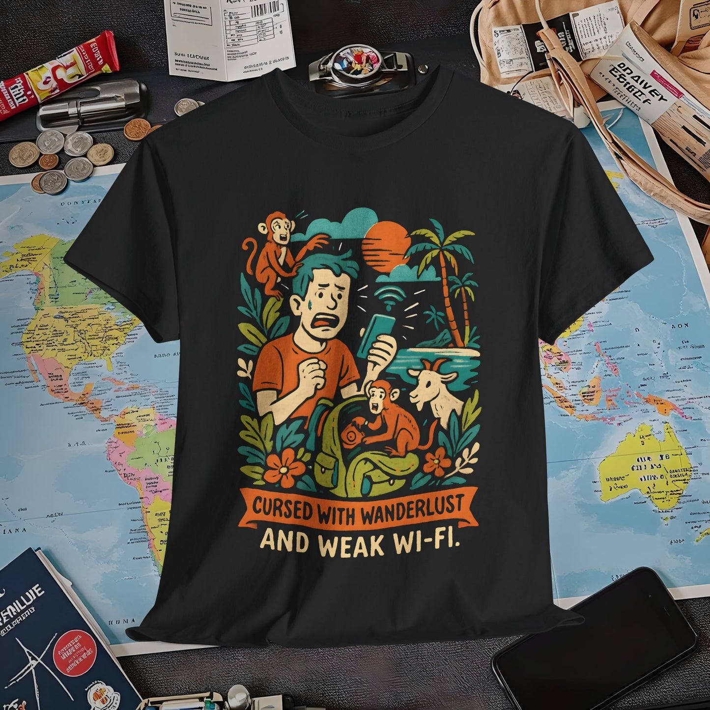 Cursed with Wanderlust and Weak Wi-Fi – Funny Tropical Traveler Frustration Tee Travel T-Shirts | Jetsetter, Airport, and International Flight Tees