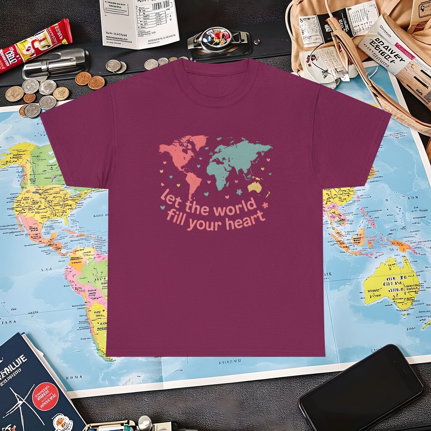 Let the World Fill Your Heart T-Shirt – World Map Adventure Design Air Travel T-Shirts | Jetsetter, Airport, and International Flight Tees