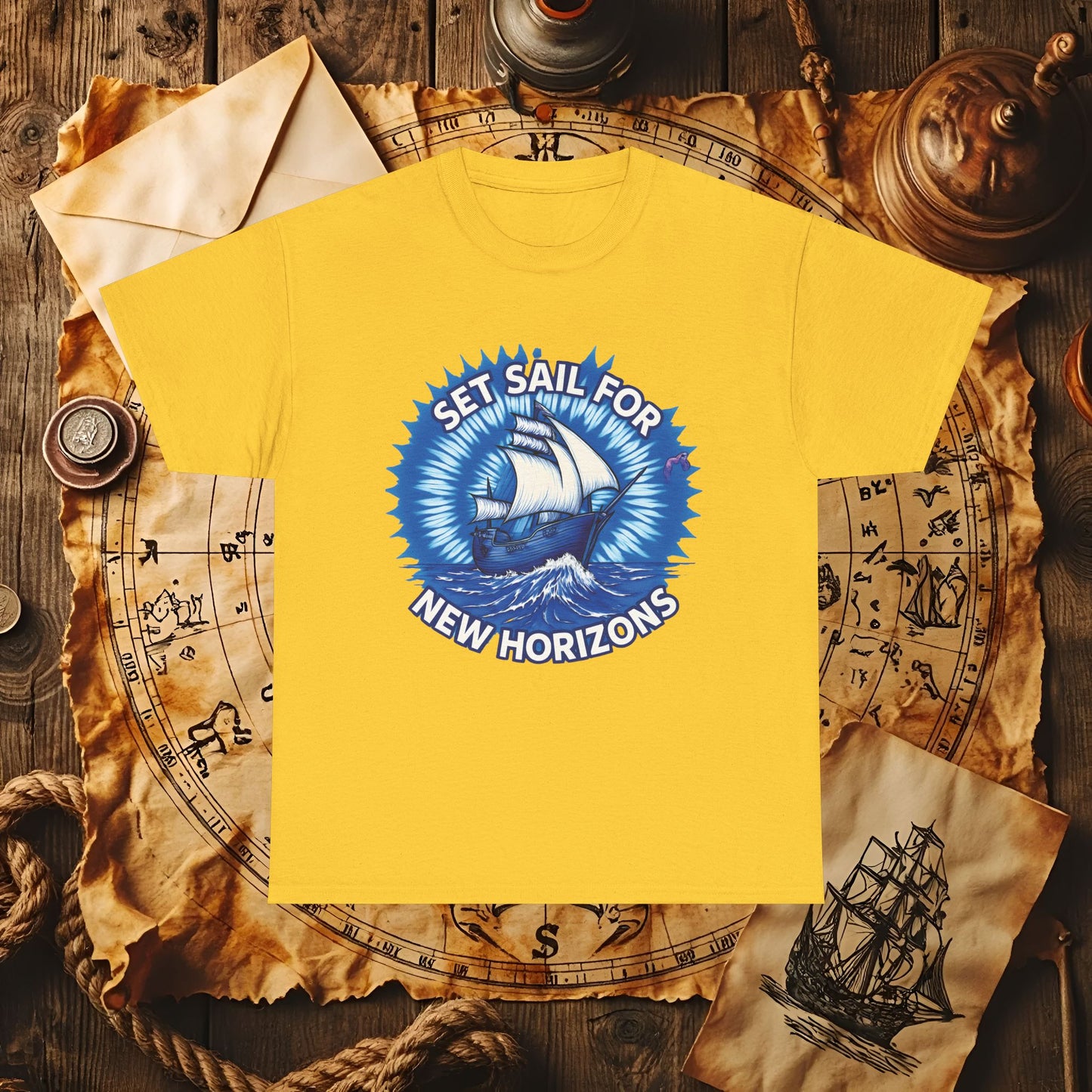 Set Sail for New Horizons T-Shirt – Old Tall Ship on Rough Water Design | Funny & Stylish Tees for Ocean Adventures