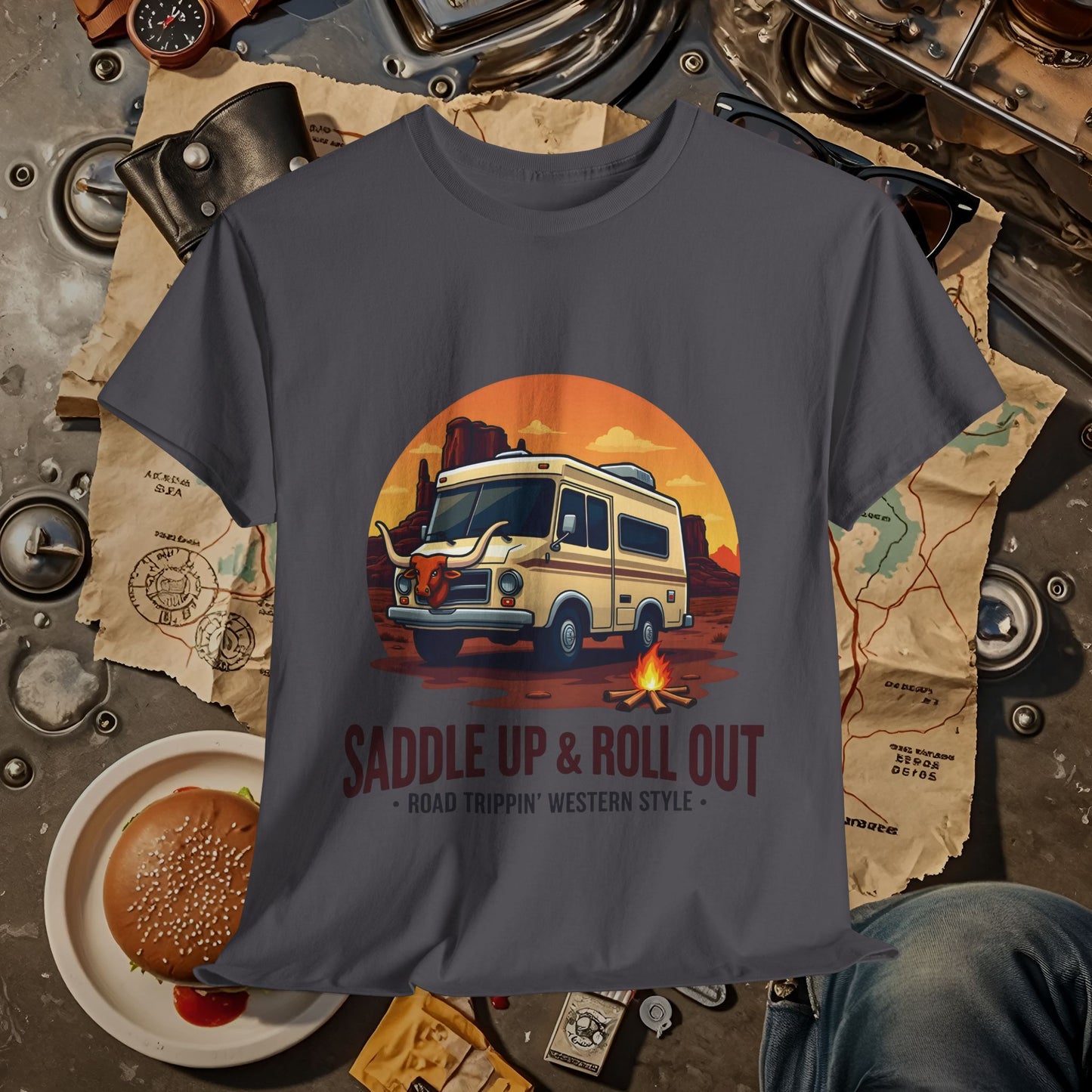 Saddle Up and Roll out Road Trip & Vehicle Travel T-Shirts | Car, RV, and Motorcycle Adventure Tees