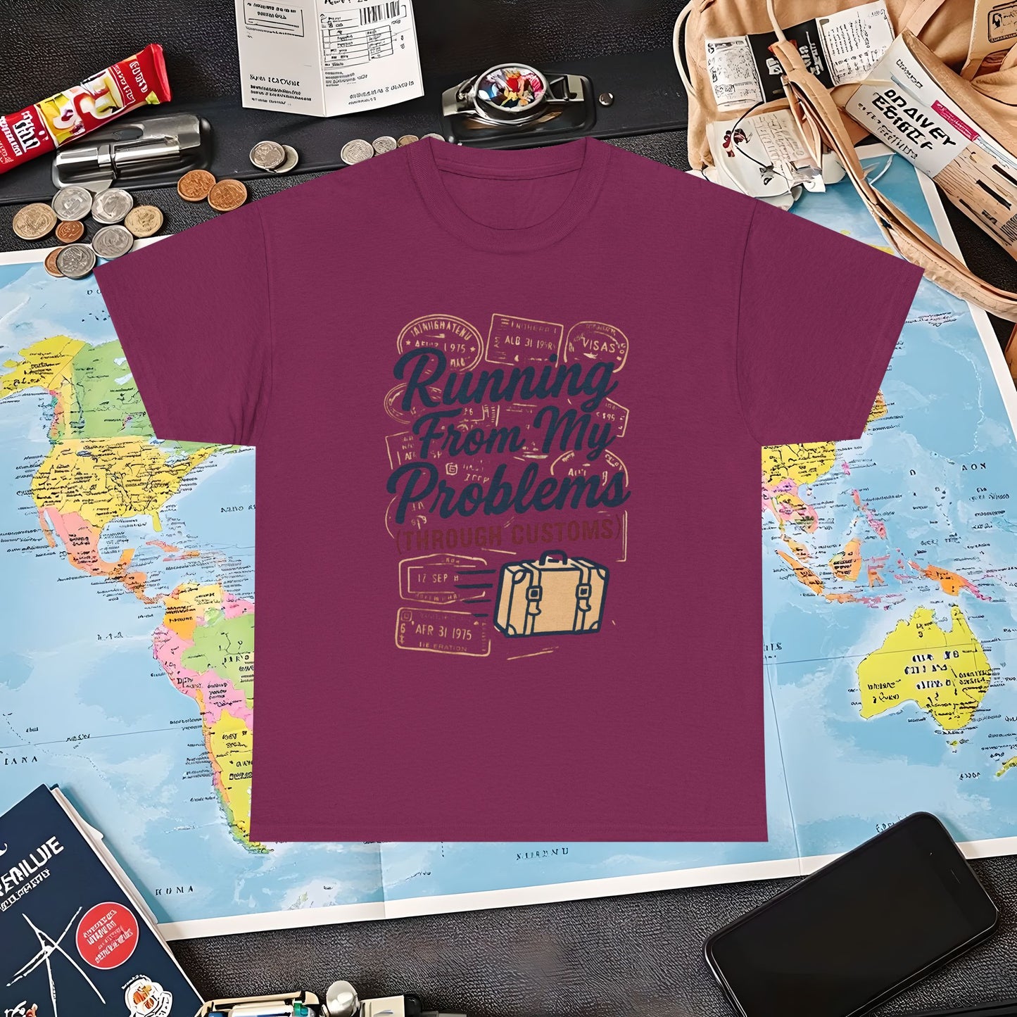 Running From My Problems Through Customs – Vintage Travel Quote Tee with Passport Stamps Air Travel T-Shirts | Jetsetter, Airport, and International Flight Tees