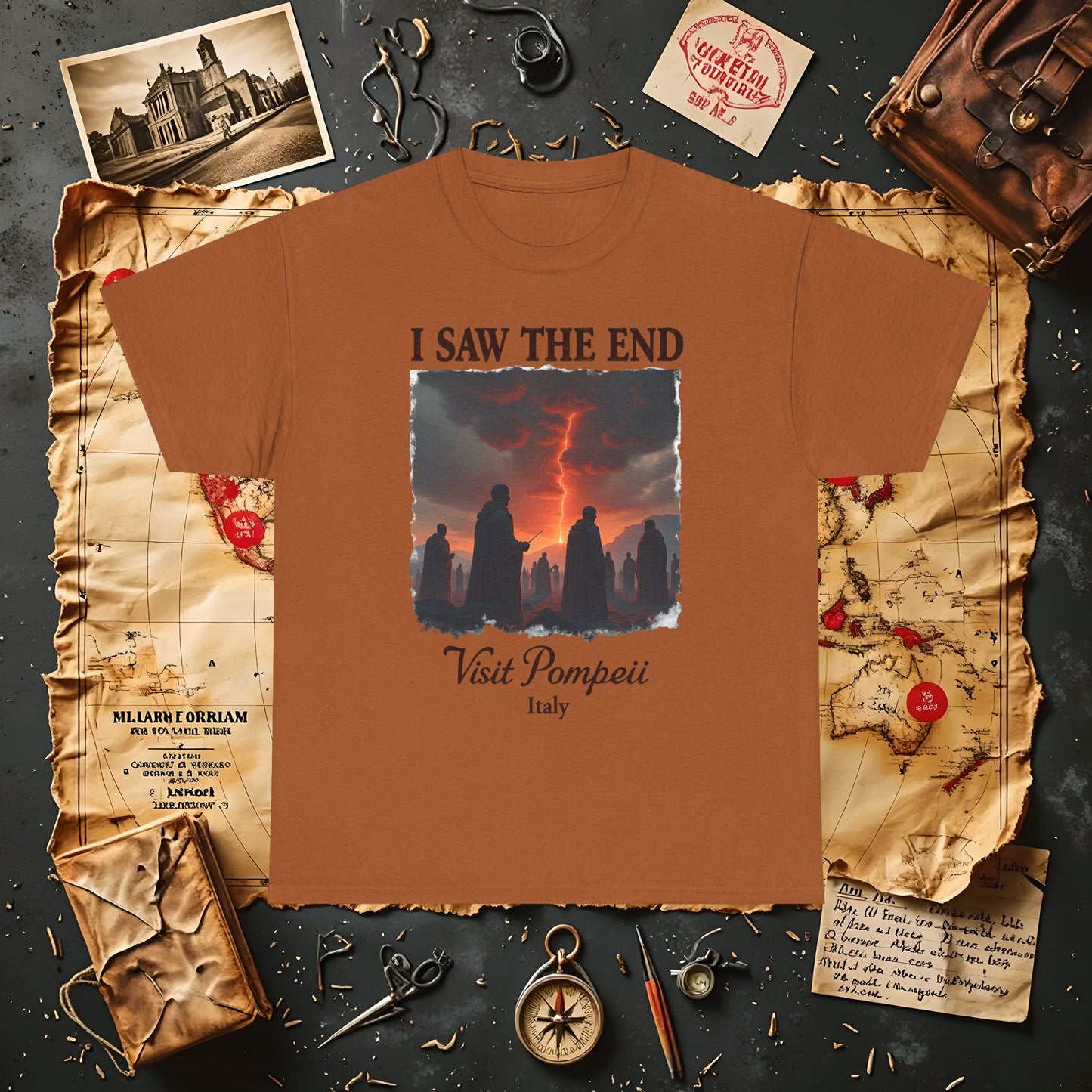 Pompeii Memories T-Shirt – Dark Tourism Shirt with Volcano Eruption Silhouette Art