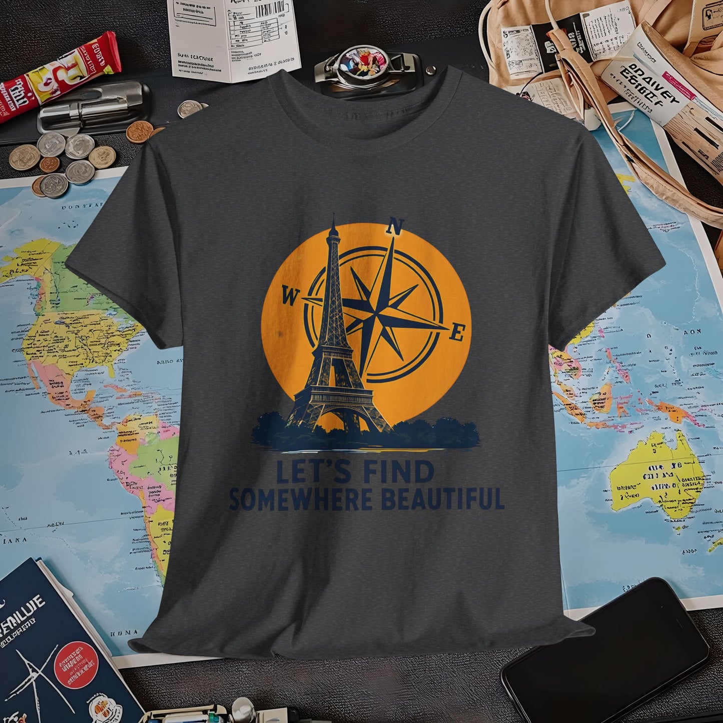 Eiffel Tower and Compass T-Shirt – Let’s Find Somewhere Beautiful Adventure Design Air Travel T-Shirts | Jetsetter, Airport, and International Flight Tees