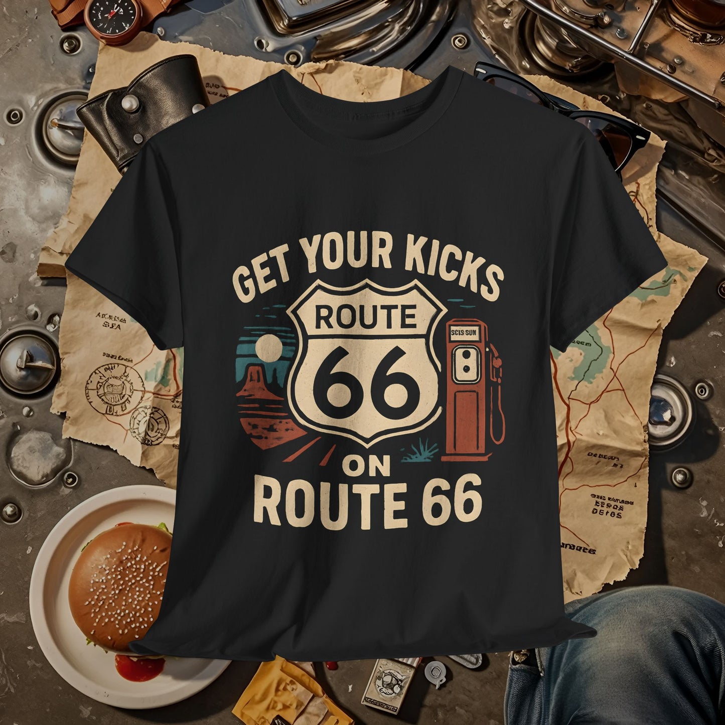 Get Your Kicks on Route 66 T-Shirt – Vintage Desert Scene with Classic Gas Pump & Roadside Vibes Road Trip & Vehicle Travel T-Shirts | Car, RV, and Motorcycle Adventure Tees