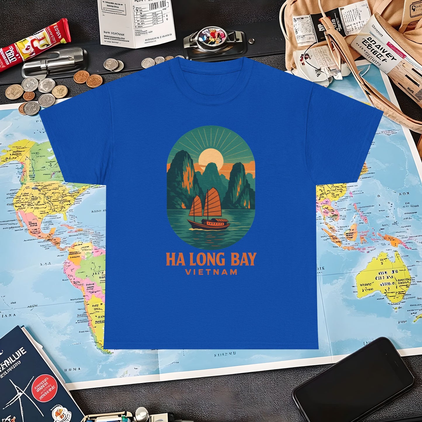 Ha Long Bay Vietnam T-Shirt – Art Deco Junk Boat Travel Shirt for Southeast Asia Lovers Air Travel T-Shirts | Jetsetter, Airport, and International Flight Tees