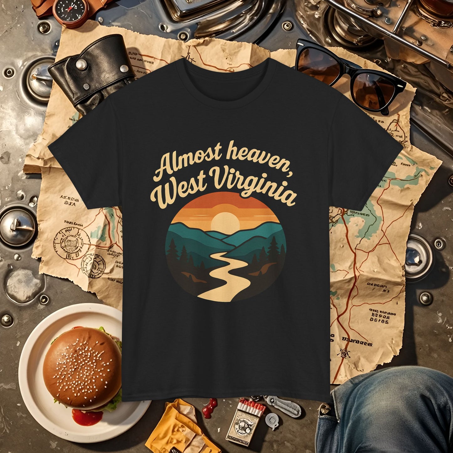 Almost Heaven, West Virginia T-Shirt – Vintage Appalachian Sunset with Winding River Road Trip & Vehicle Travel T-Shirts | Car, RV, and Motorcycle Adventure Tees