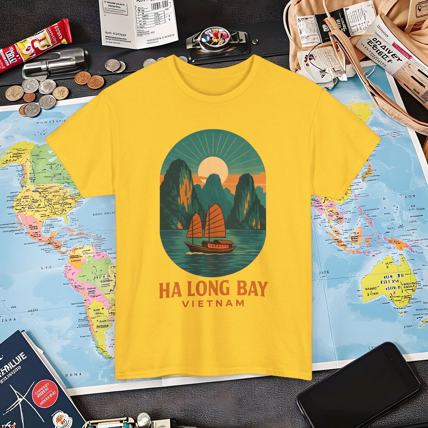 Ha Long Bay Vietnam T-Shirt – Art Deco Junk Boat Travel Shirt for Southeast Asia Lovers Air Travel T-Shirts | Jetsetter, Airport, and International Flight Tees