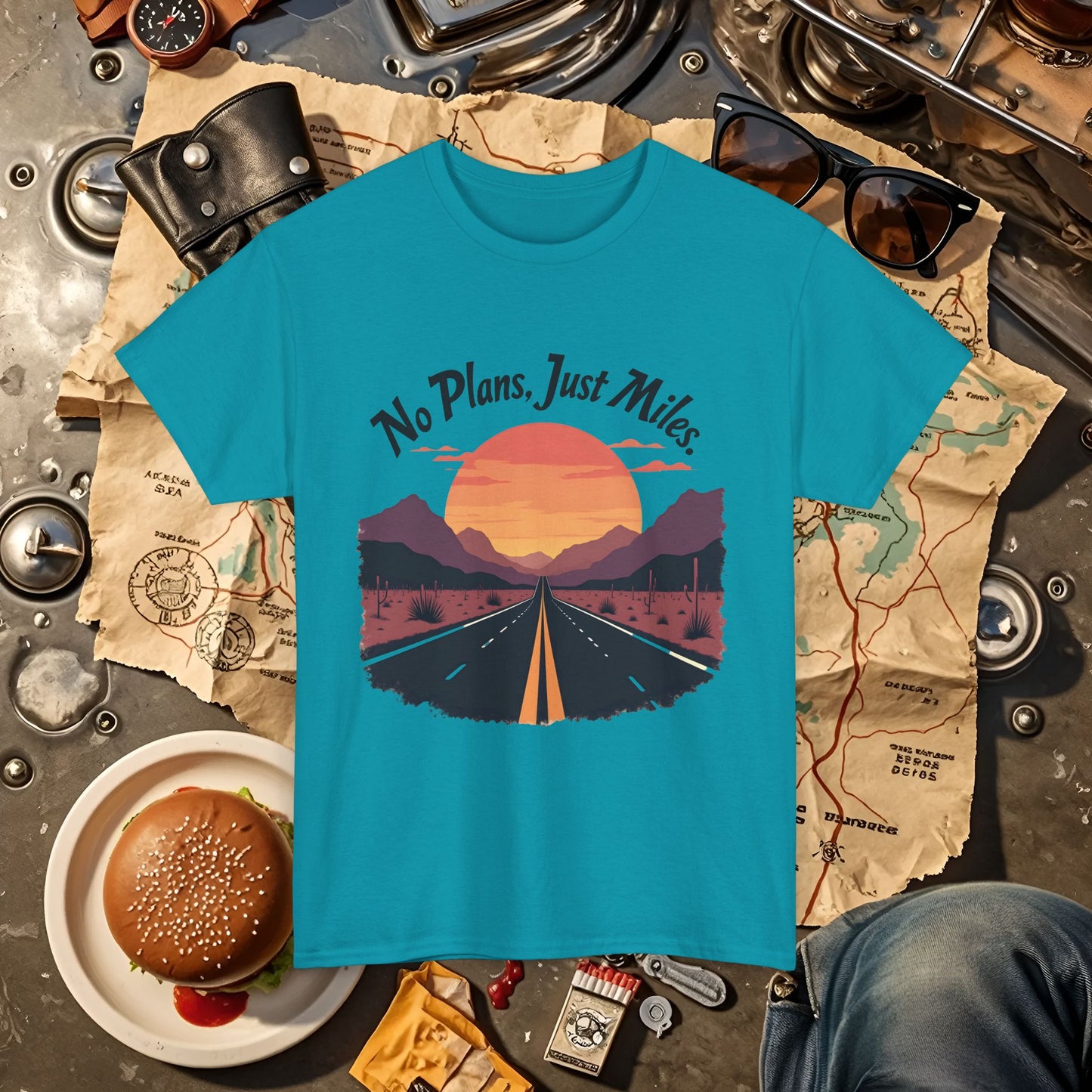 No Plans, Just Miles Adventure Road Unisex Cotton Tee - Travel Shirt, Road Trip Tee, Travel Lover Gift, Nature Lover Shirt, Vacation T-Shirt, Charity Donation