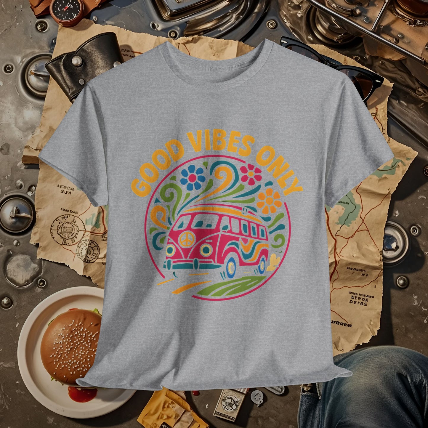 Good Vibes Only T-Shirt – Retro Hippie Van with 70s-Inspired Positivity Road Trip & Vehicle Travel T-Shirts | Car, RV, and Motorcycle Adventure Tees