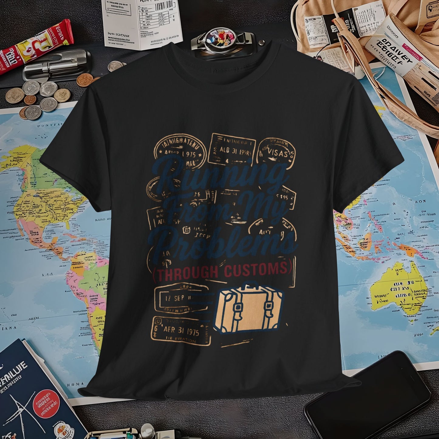 Running From My Problems Through Customs – Vintage Travel Quote Tee with Passport Stamps Air Travel T-Shirts | Jetsetter, Airport, and International Flight Tees