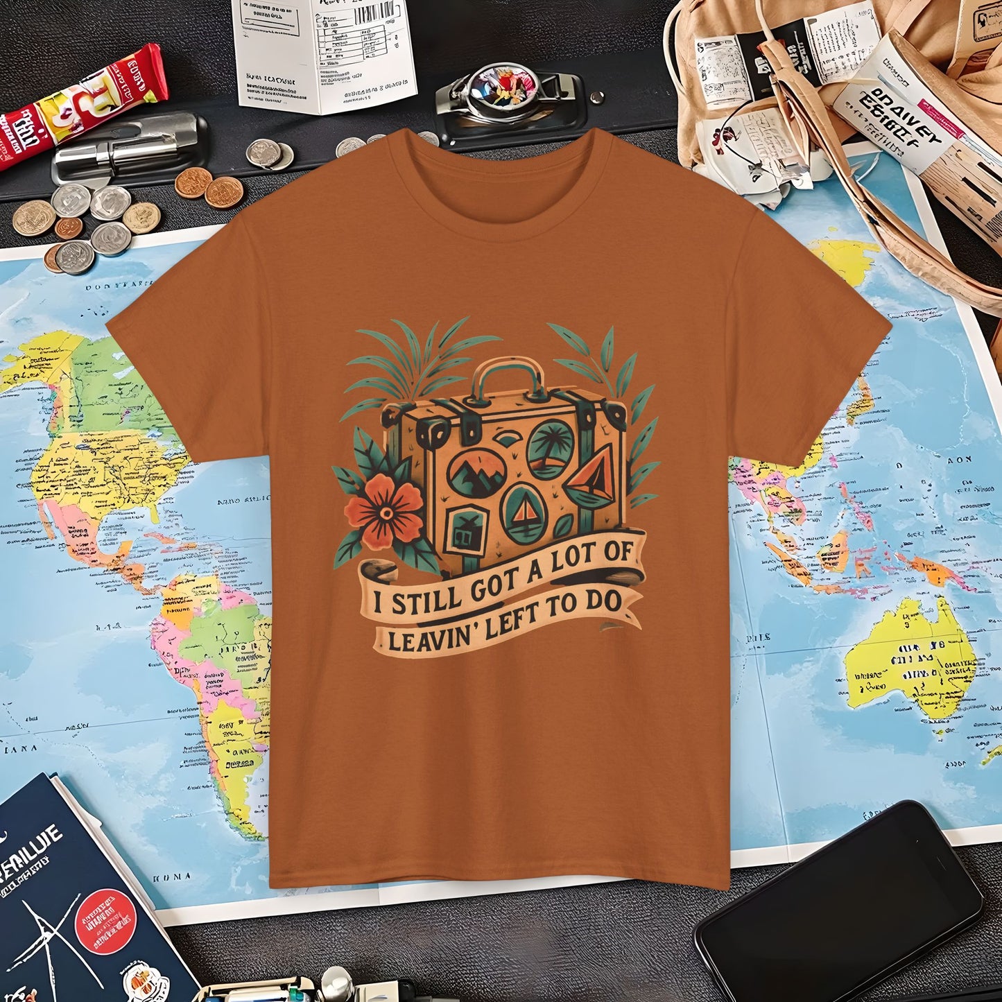 I Still Got a Lot of Leavin’ Left to Do T-Shirt – Vintage Suitcase with Tropical Travel Vibes