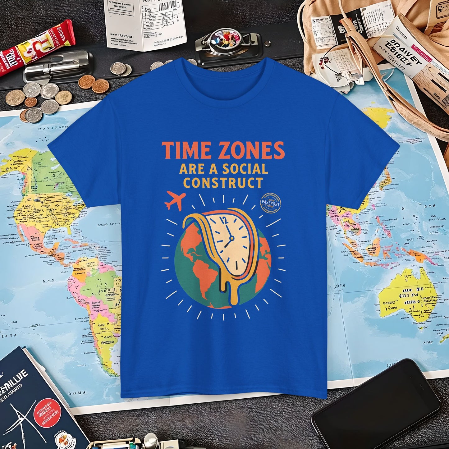 Time Zones Are a Social Construct Tee – Melting Clock Over World Map Travel Shirt Air Travel T-Shirts | Jetsetter, Airport, and International Flight Tees
