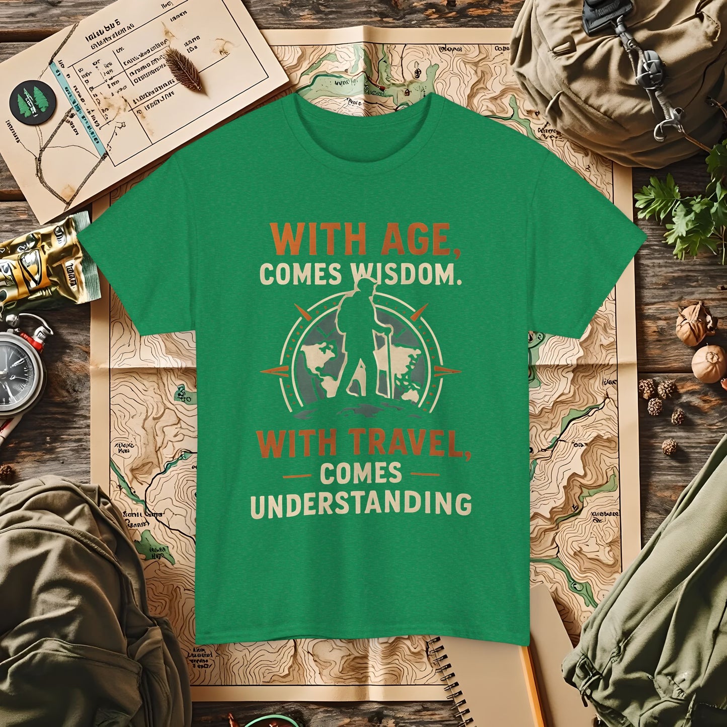 With Age Comes Wisdom, With Travel Comes Understanding Tee – Explorer Compass Design | Camping, Hiking, Rafting & Kayaking Tees for Nature Lovers