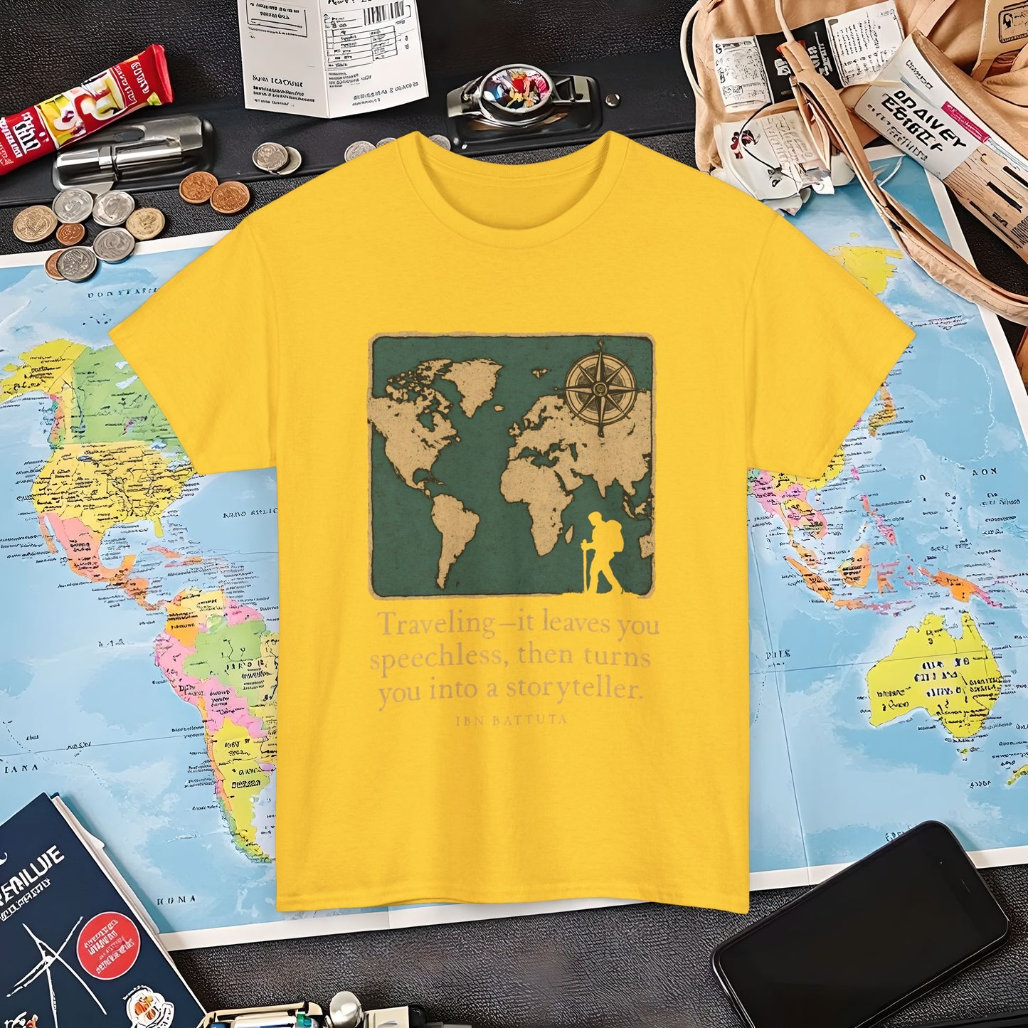Speechless to Storyteller – Vintage Map Wanderlust Quote Tee Air Travel T-Shirts | Jetsetter, Airport, and International Flight Tees