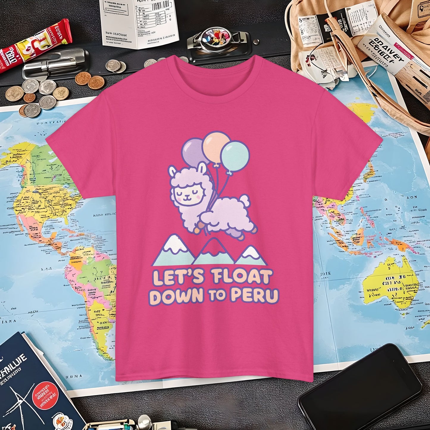 Let’s Float Down to Peru T-Shirt – Kawaii Alpaca Over Snowy Mountain Peaks Air Travel T-Shirts | Jetsetter, Airport, and International Flight Tees